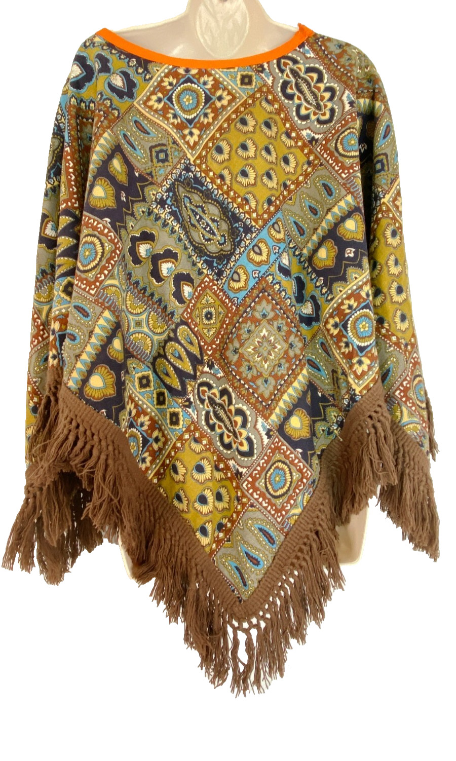 Vintage 1970s patchwork poncho OSFM pullover fringe brown blue mustard cotton