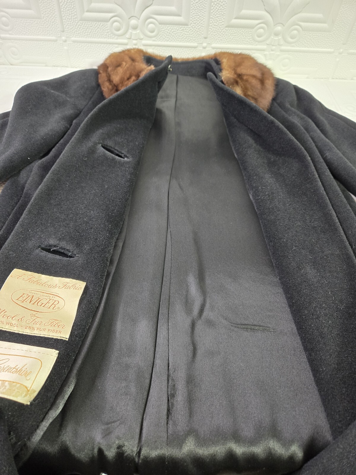 Vintage 40’s-60’s EINIGER Black Wool, Button-Down Fur Trim Collar Swing Coat