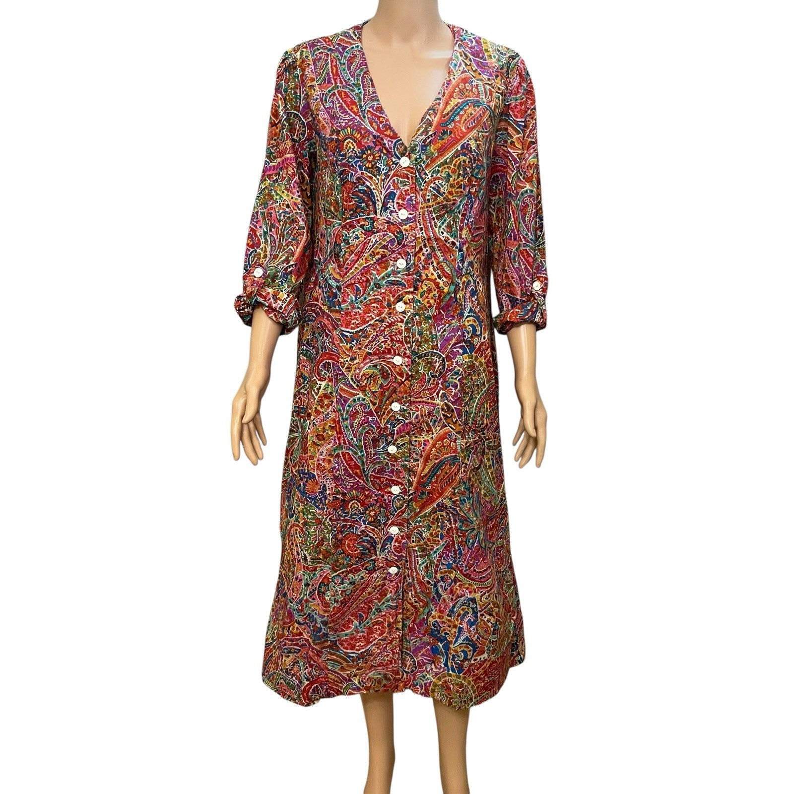70s VTG Paisley Midi Shirt Dress Large Colorful Retro Psychedelic Hippie