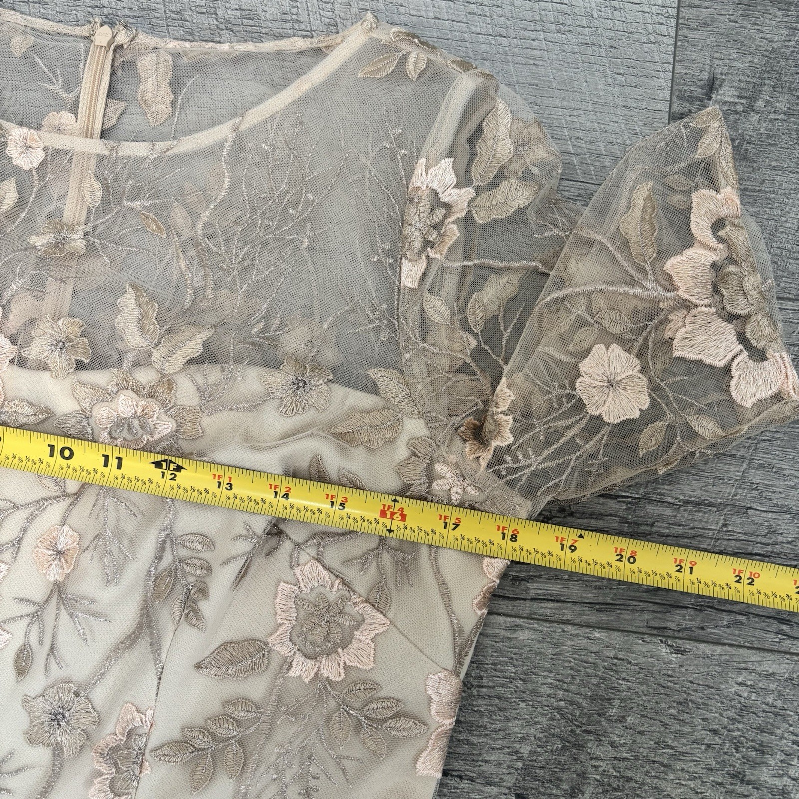JS Collections Floral Embroidered Illusion Midi Dress Beige Gold Size 10 Wedding