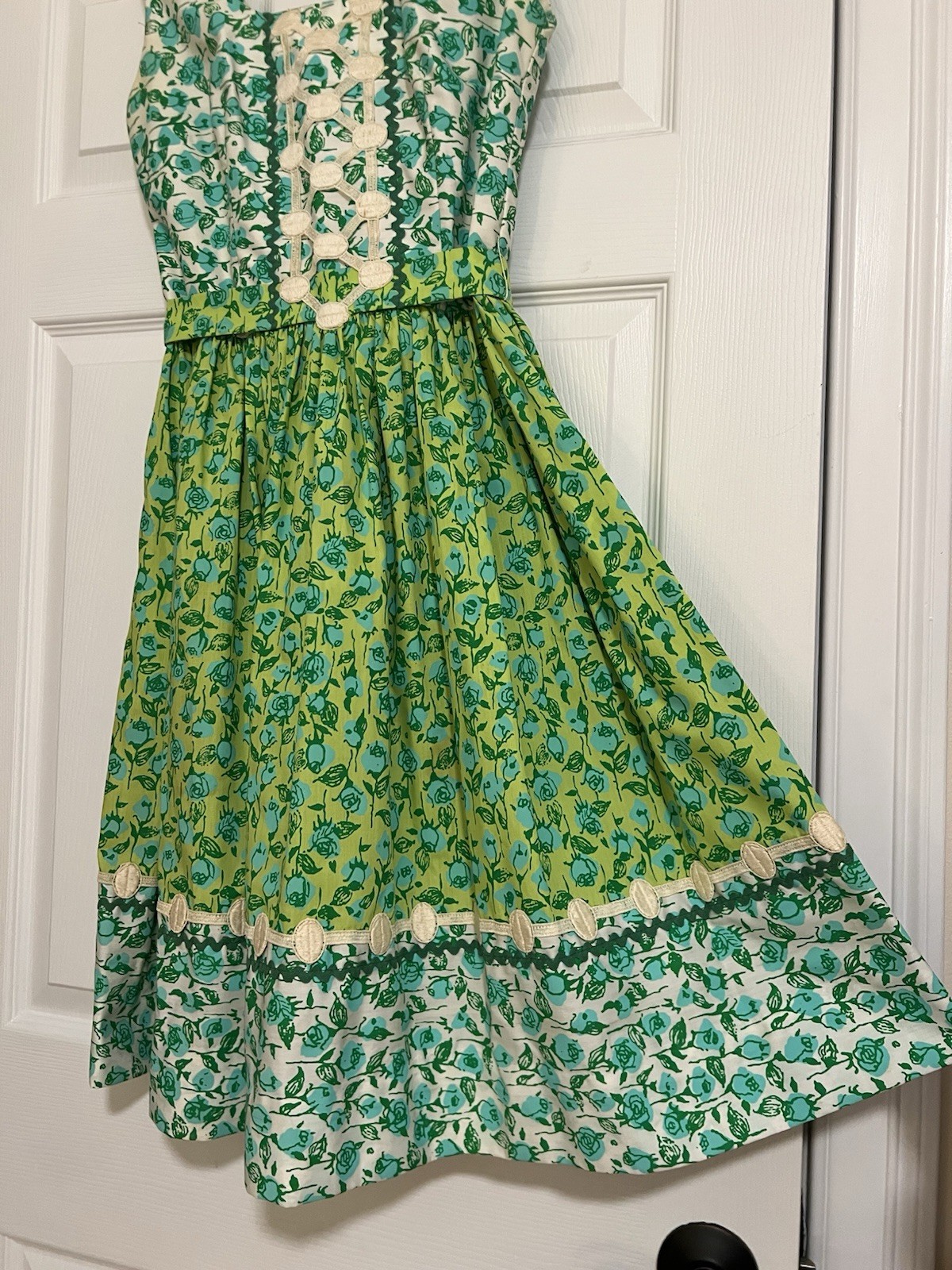 Vintage 1960s Lilly Pulitzer Dress Blue & Green Florals Rickrack Trim Tie Back
