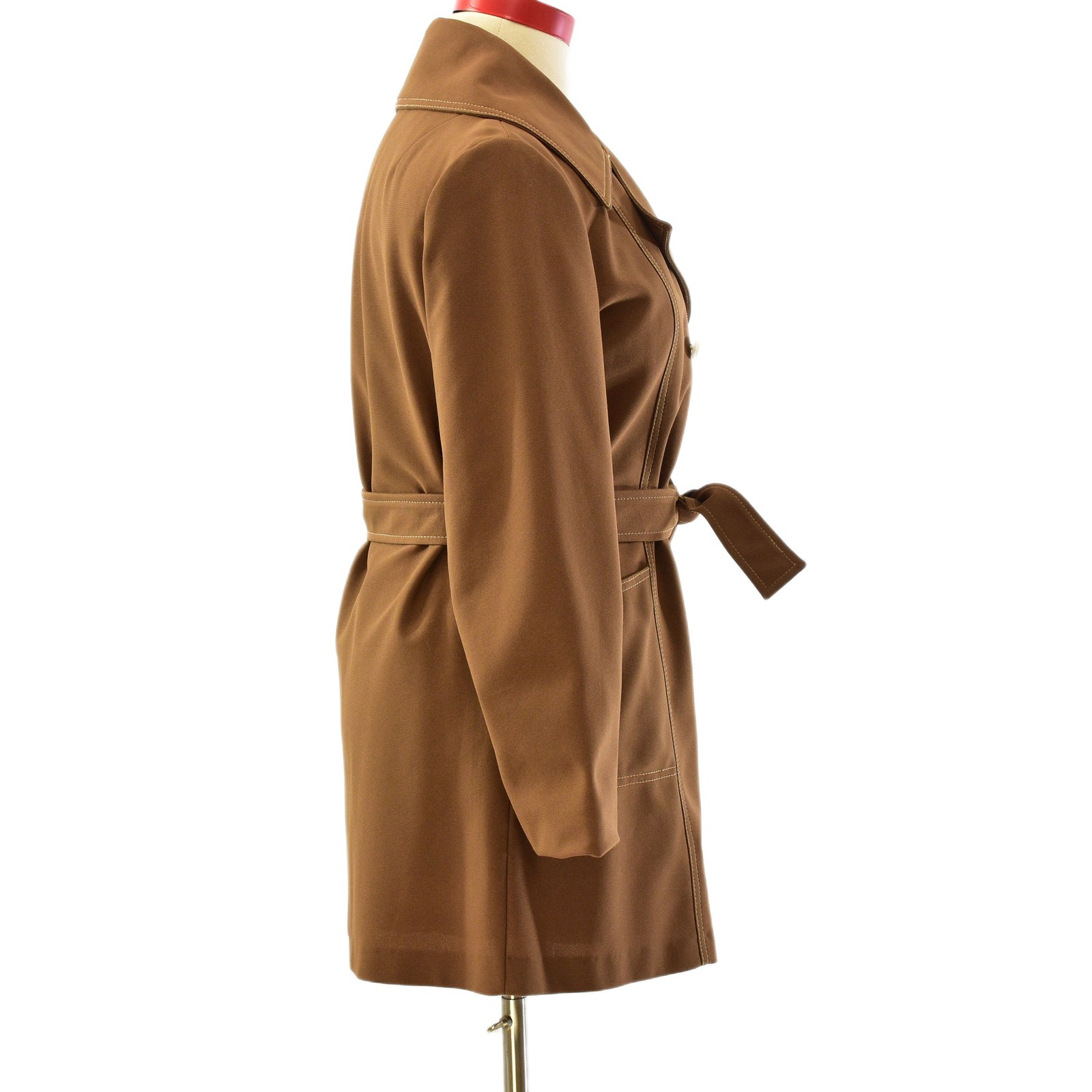 60s Brown Double Breasted Coat Ivory Top Stitching Womens L