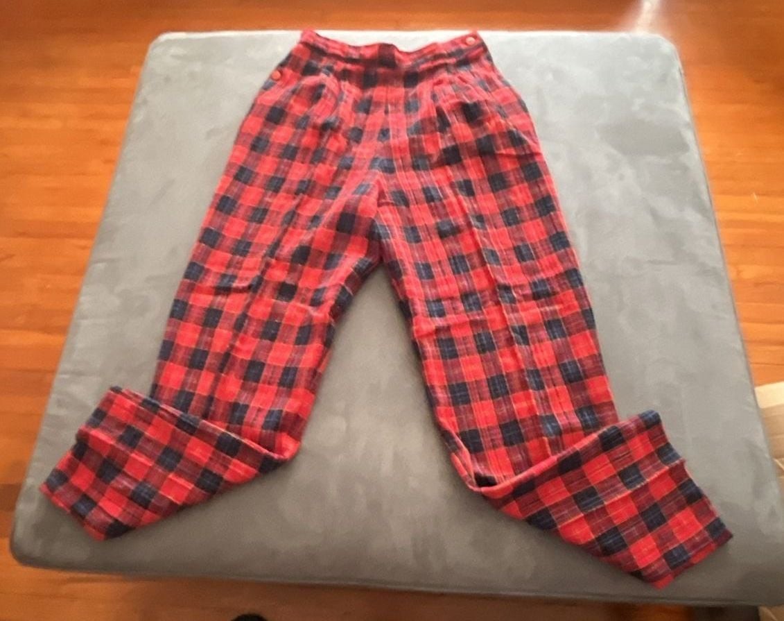Vintage Sajan Red and Black Buffalo Plaid High-Waisted Wool Blend Trousers