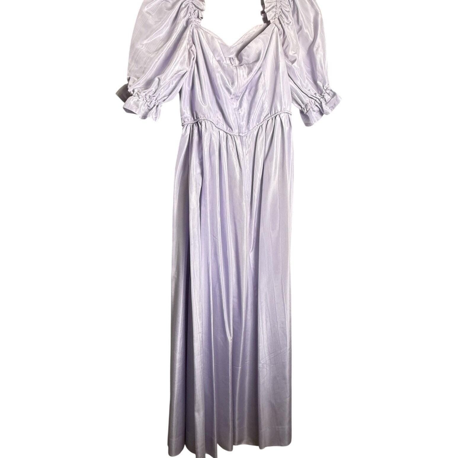 Vintage 70s Lavender Purple Fairy Princess Maxi Long Dress Satin Puff Sleeve MED