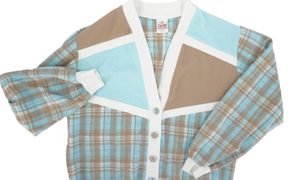 Vintage Graff California Wear Cardigan Light Jacket Blue Brown Plaid Women’s Med