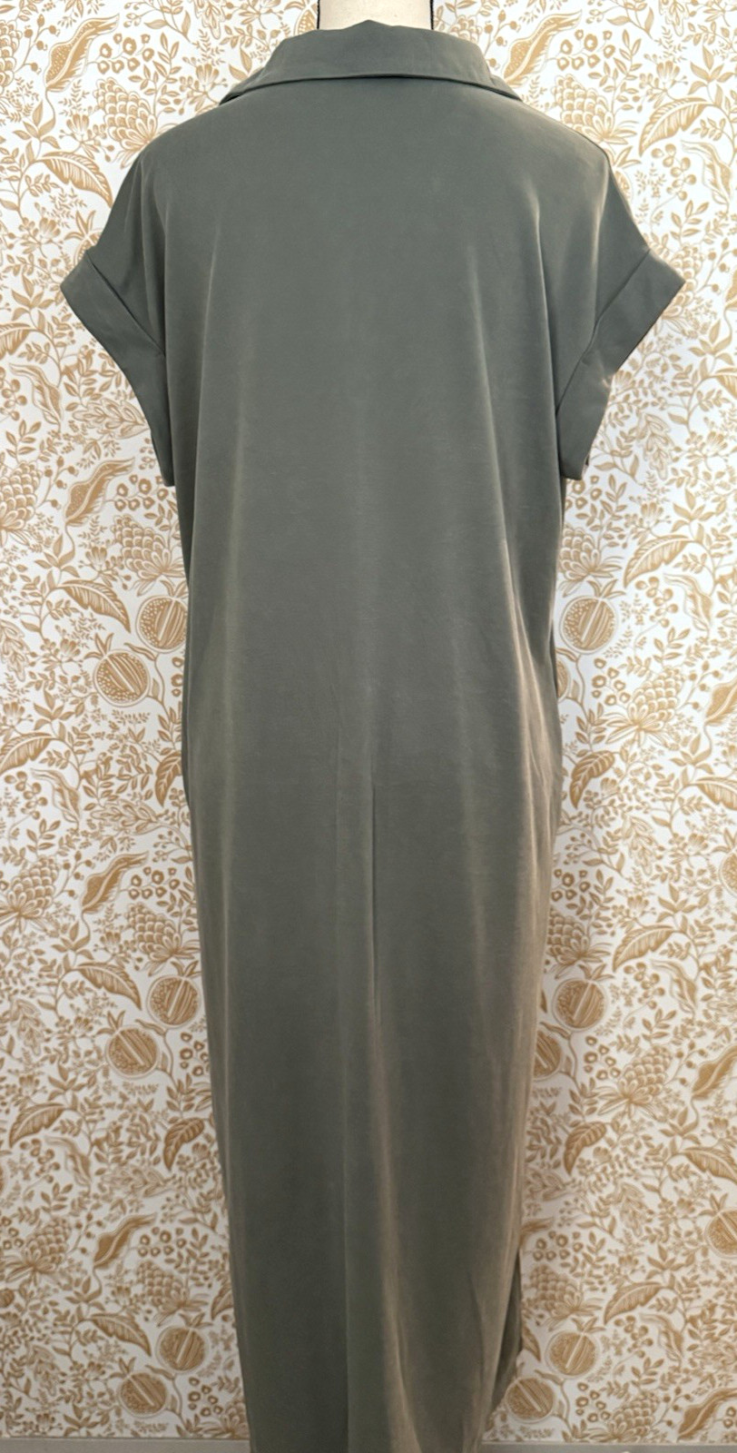 Ces Femme Women’s Olive Collared Oversized Midi Dress Size M Cuffed Sleeves Chic