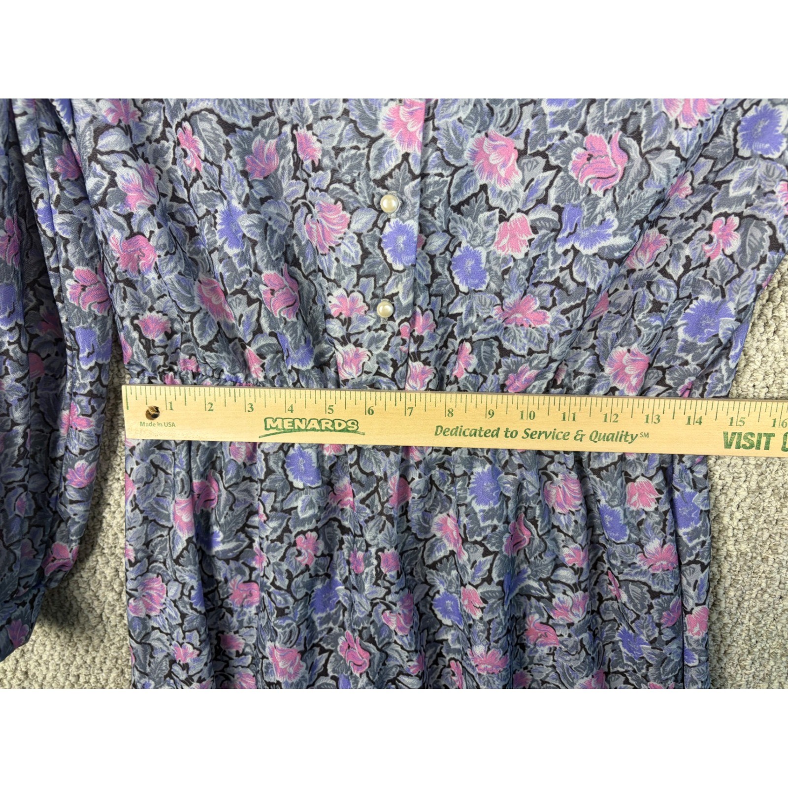 Vintage Sue Sherry 70s Union Made Belted Shoulder Pad Floral Lace Dress 16
