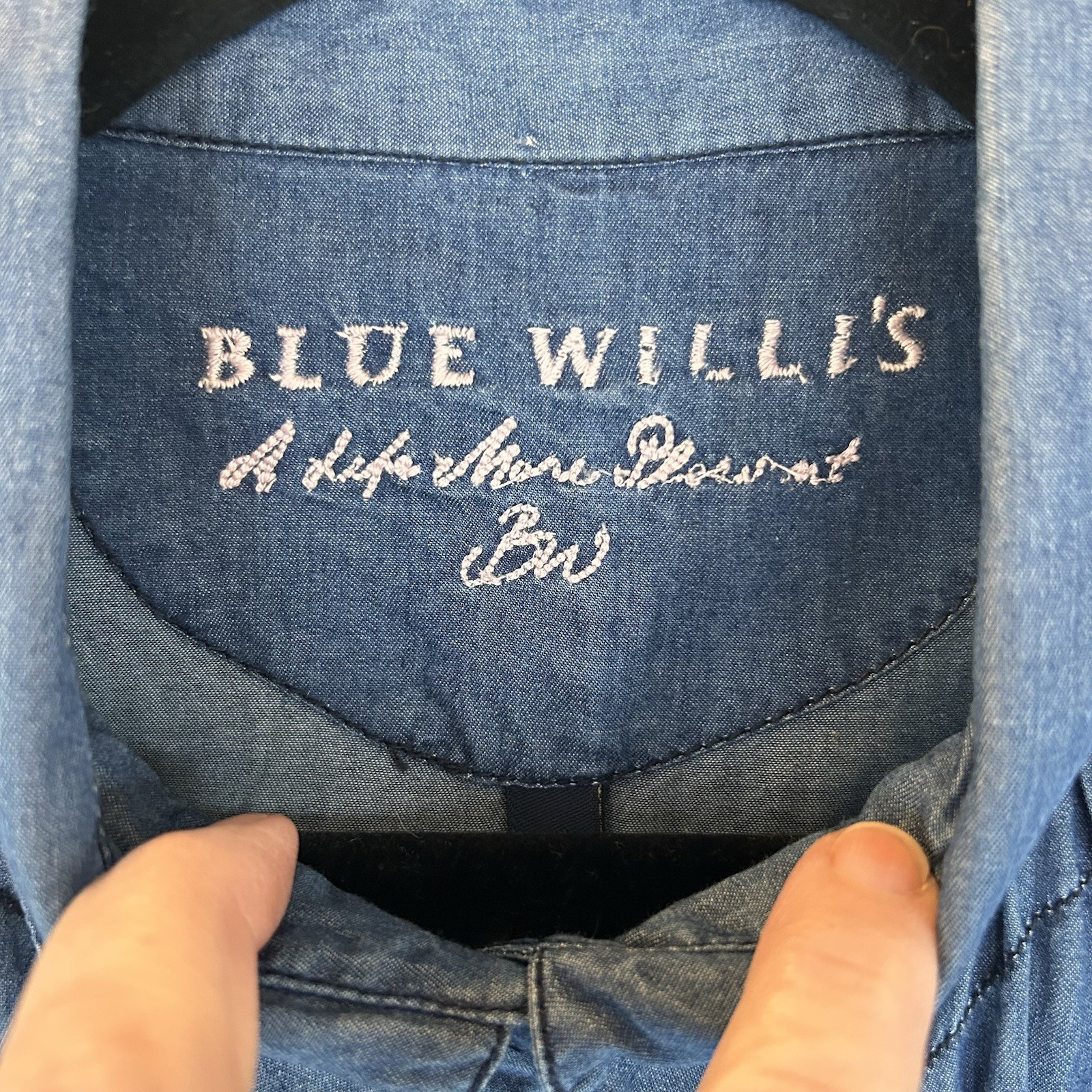 Women’s Vintage Blue Willi’s “A Life More Present” Smocked Denim Shirt SZ MED