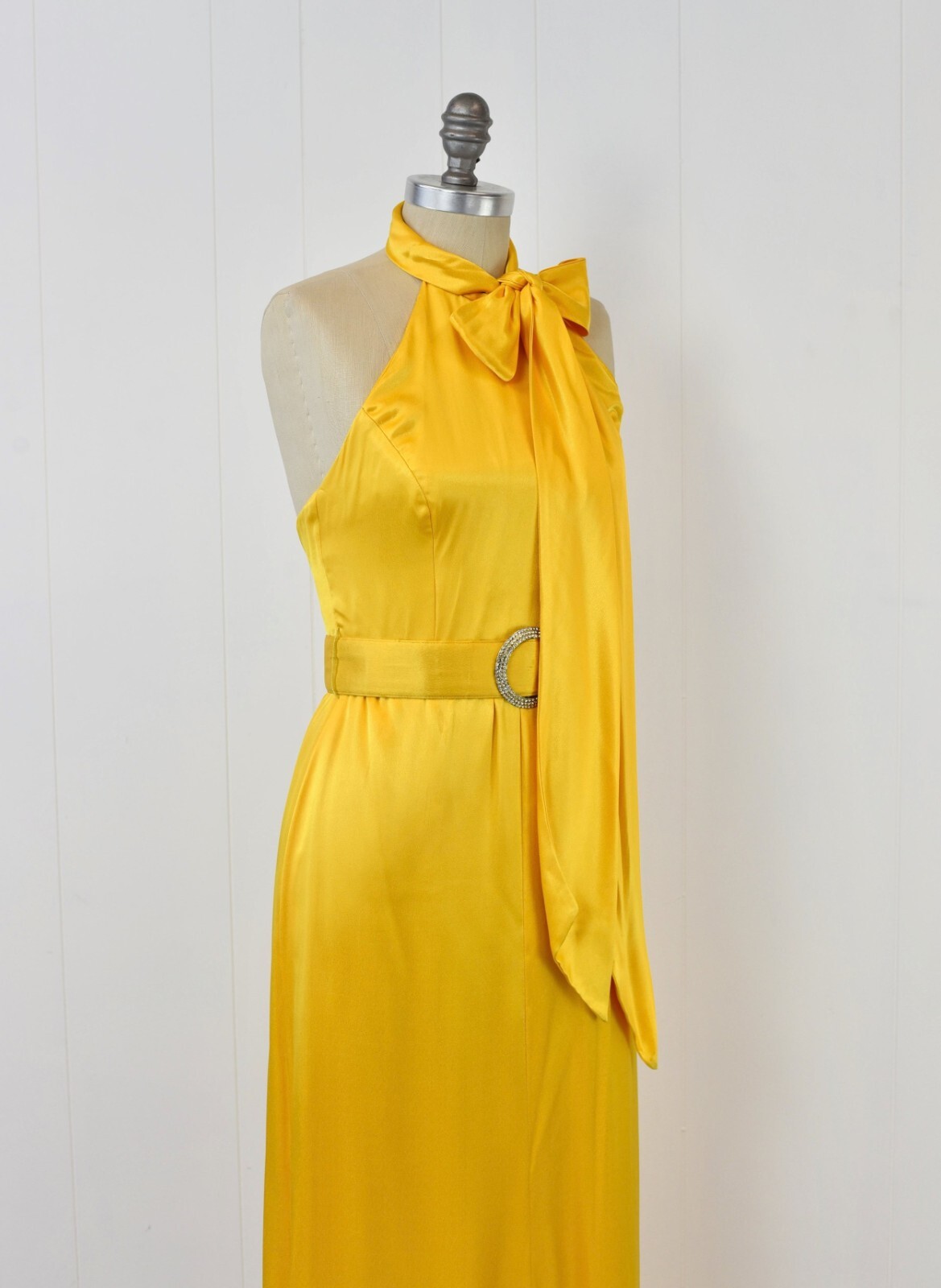 Vintage 1970s Oscar de la Renta Yellow Bow Rhinestone Belt Party Dress Gown