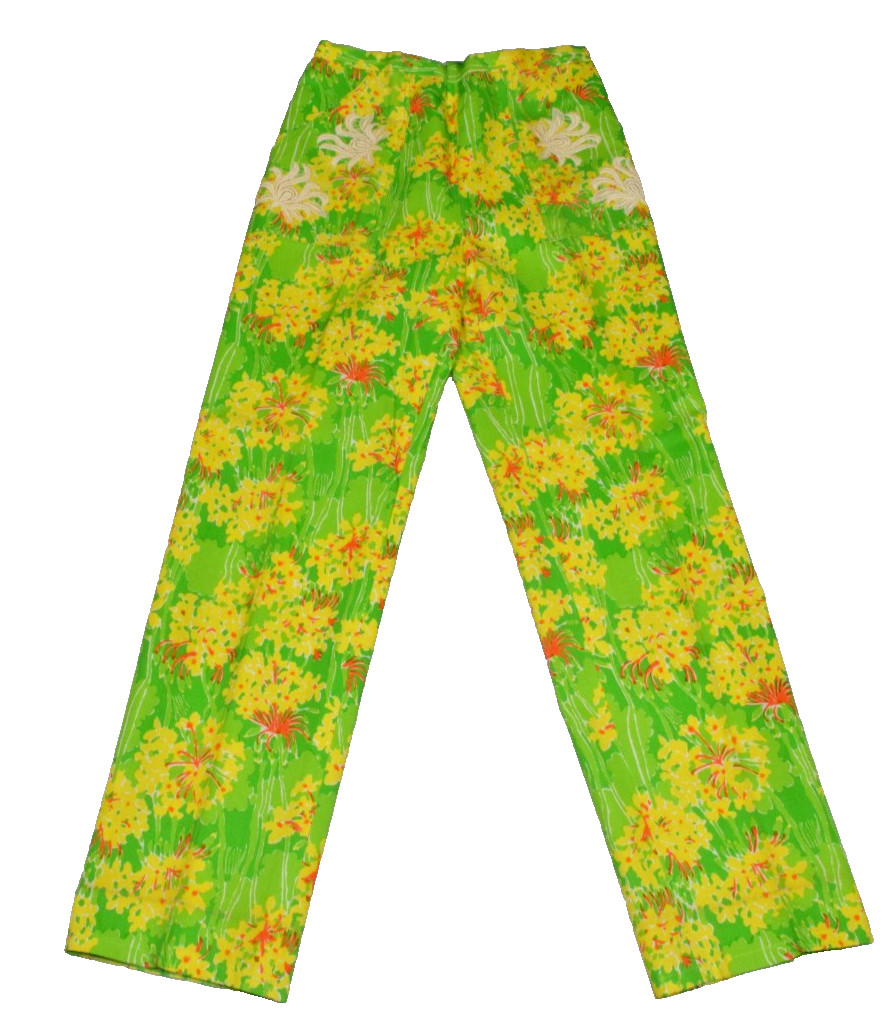 Vintage Lilly Pulitzer Pants Size 28X30 Green Yellow Floral Pocket Appliques Zip
