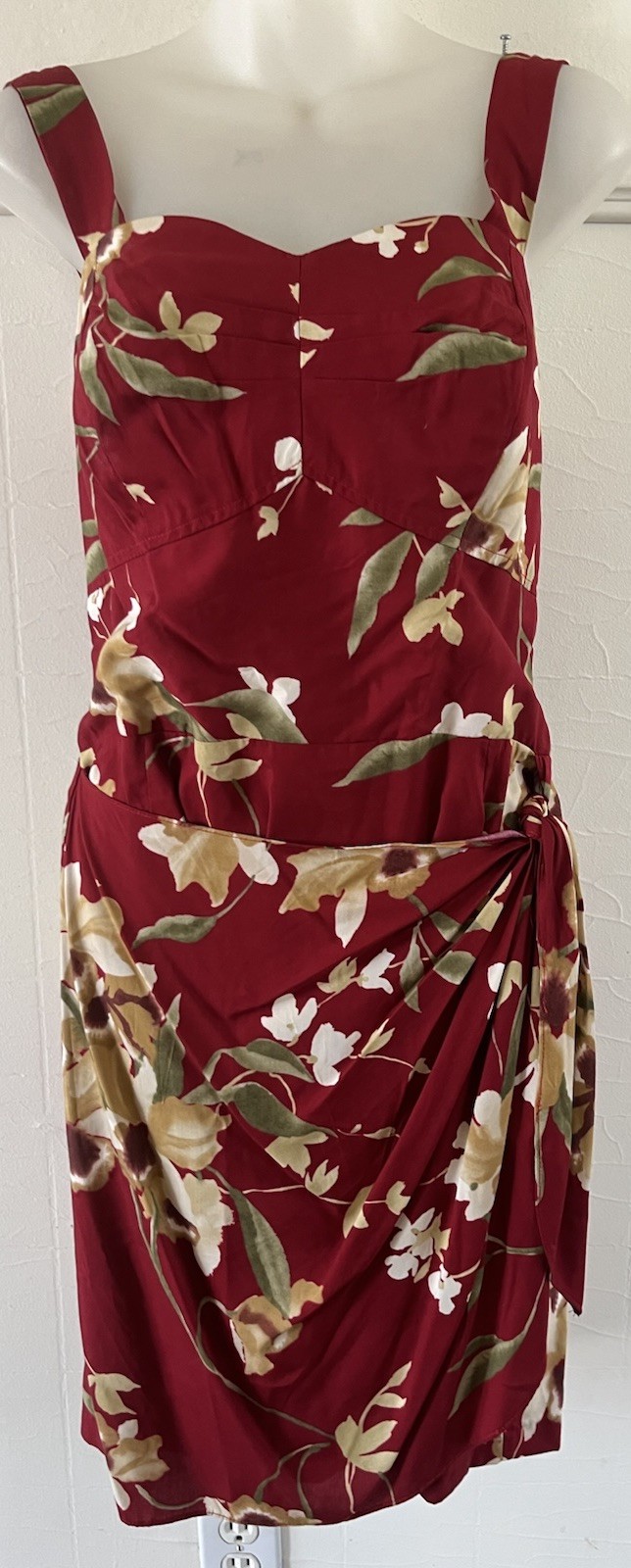 Vtg 90s Paradise Found Hawaiian Dress Burgundy Floral Sarong Wrap USA Made Sz L