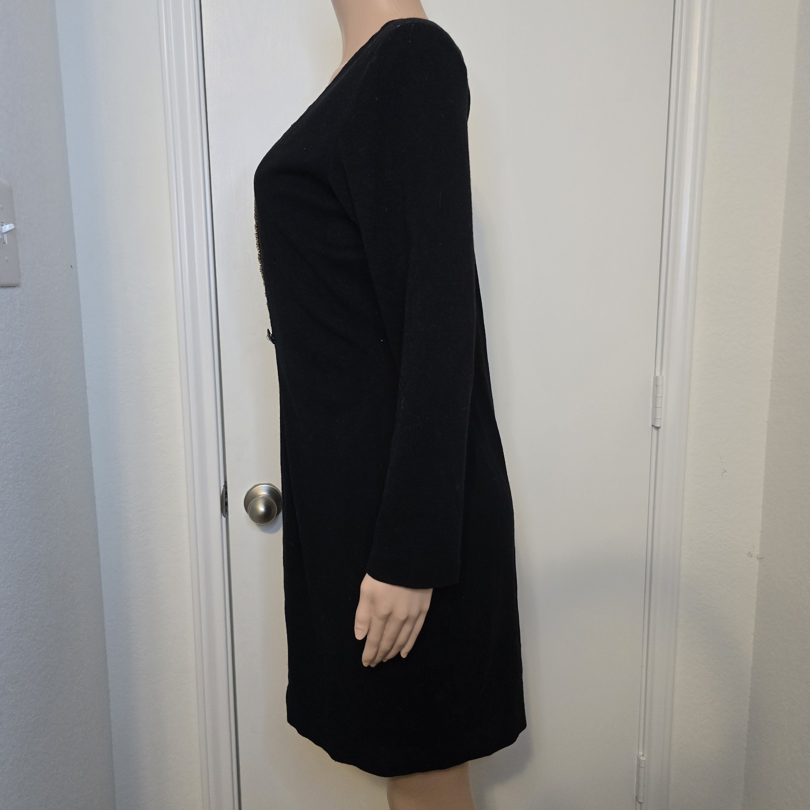 VTG Deep V-Neck Dress Embellished Long Sleeve Black Rhinestones Approx Sz L