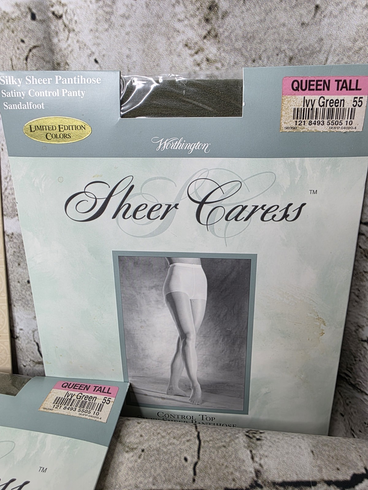 3 Vtg Worthington Sheer Caress Queen Tall Green Blk Control Top Silk Pantyhose