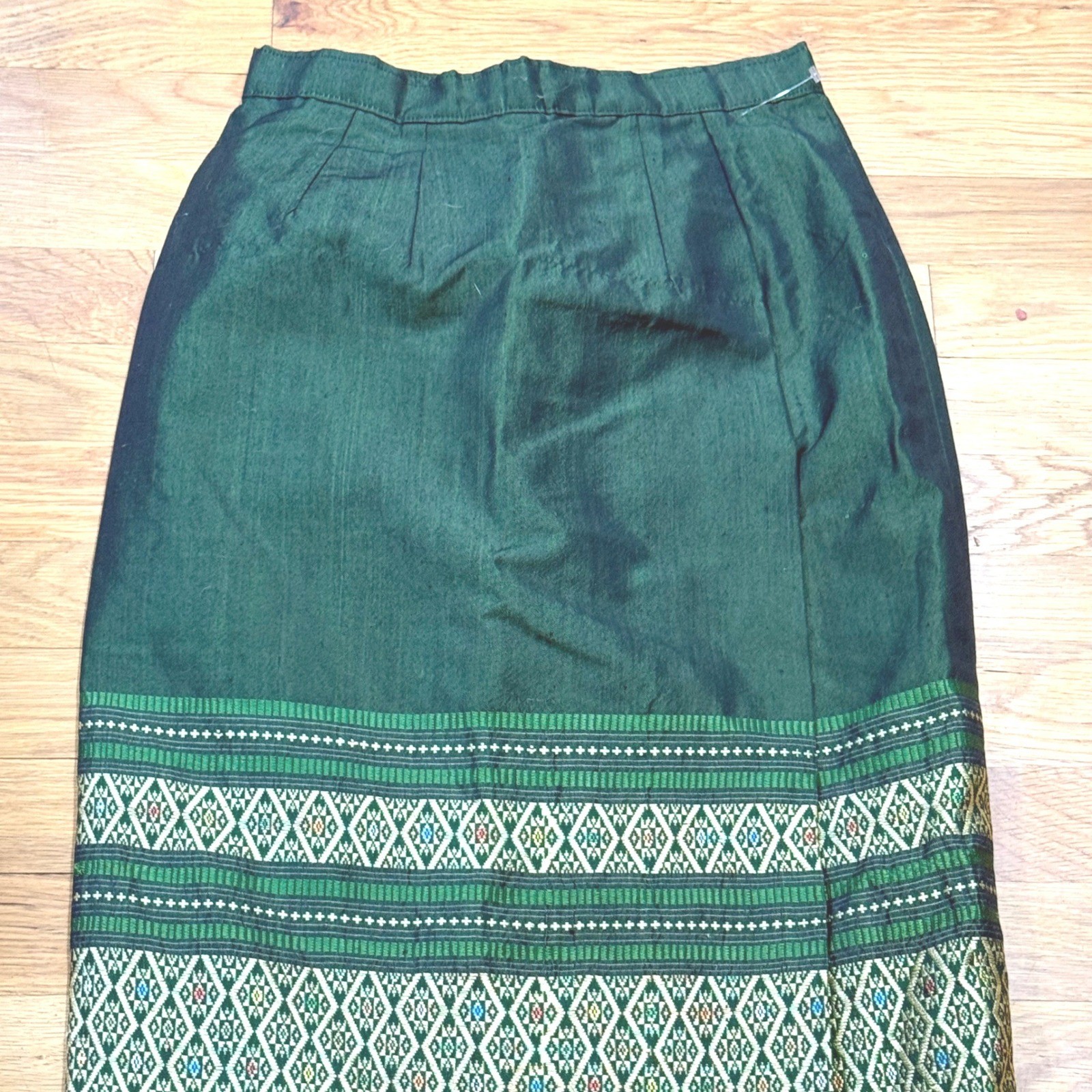 Vintage Thai Silk Forest Green Geometric Border Print Midi Skirt Tailored Zip