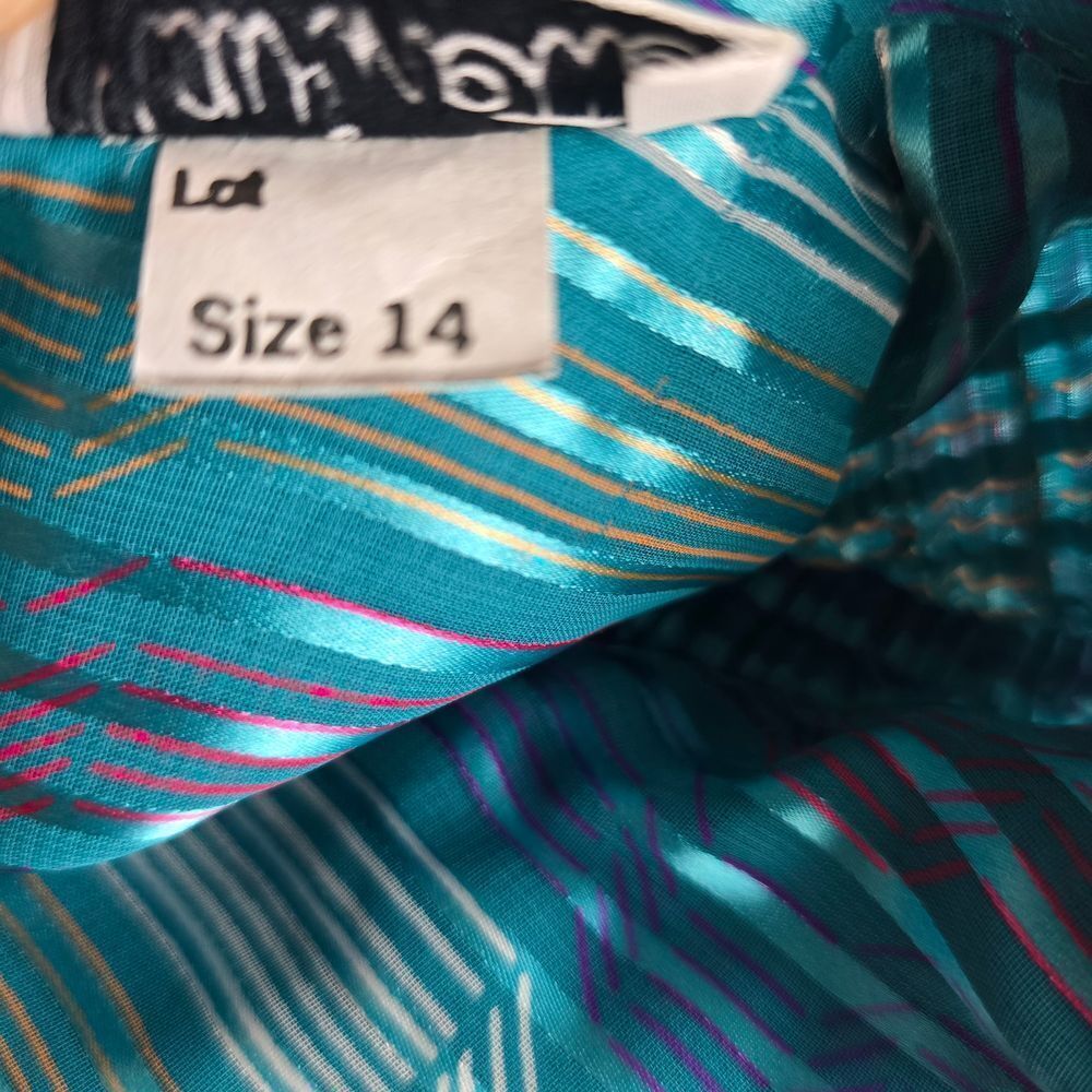 Vintage 80s Marinette Dress 14 Mock Neck Smocked Long Puffy Sleeve Sheer Striped