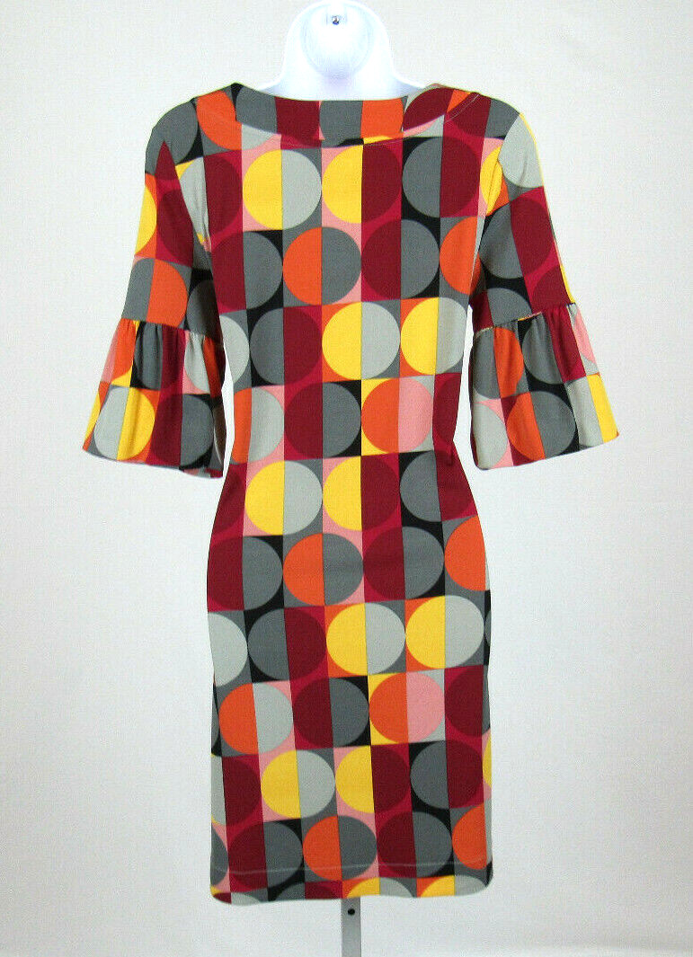 VTG 1980s 90s ELLE SMALL POLY SPANDEX DRESS MOD GEOMETRIC PATTERN PUFFY CUFFS