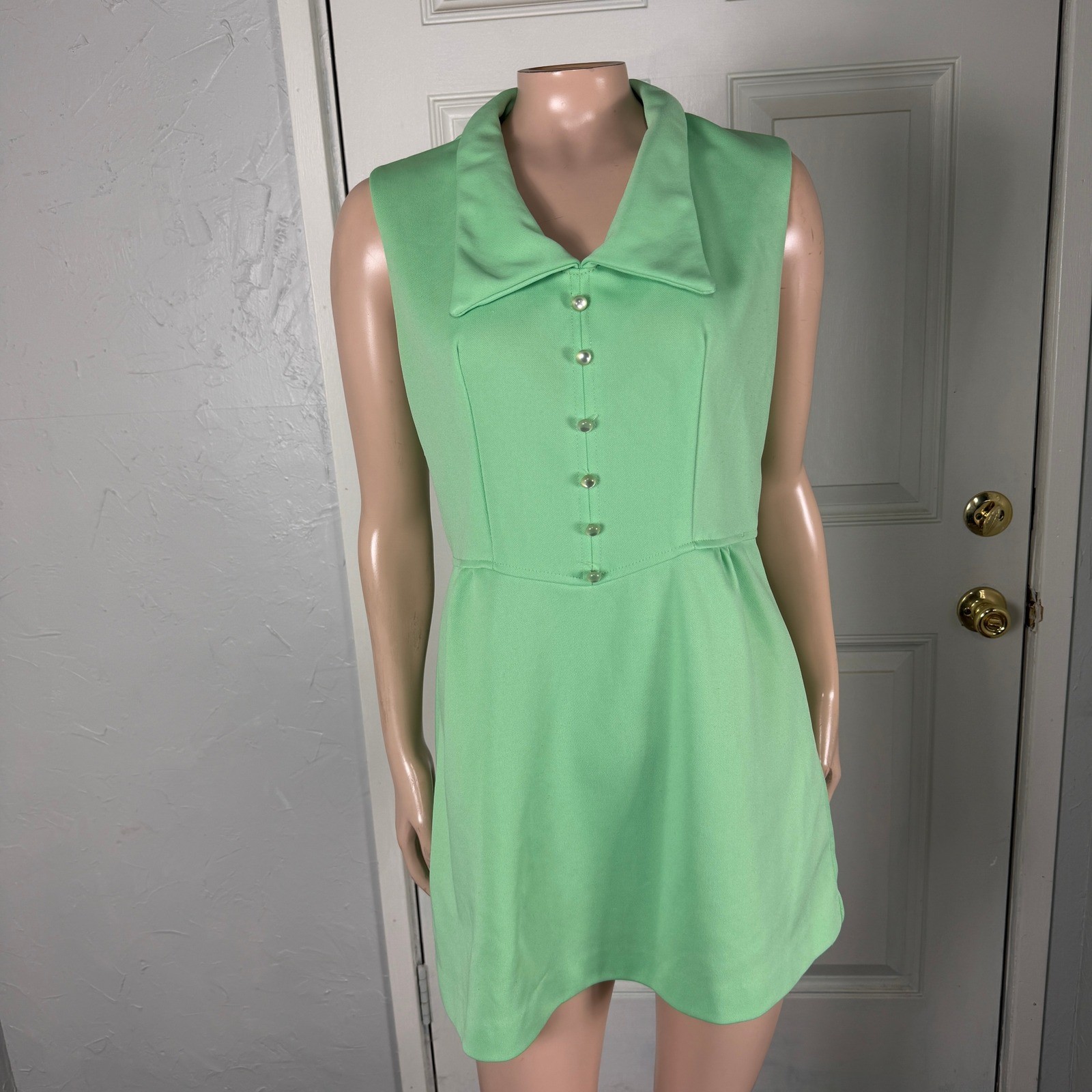Vintage 70s Polyester Knit Mini Dress Party Sleeveless Collar Sheath Casual M18