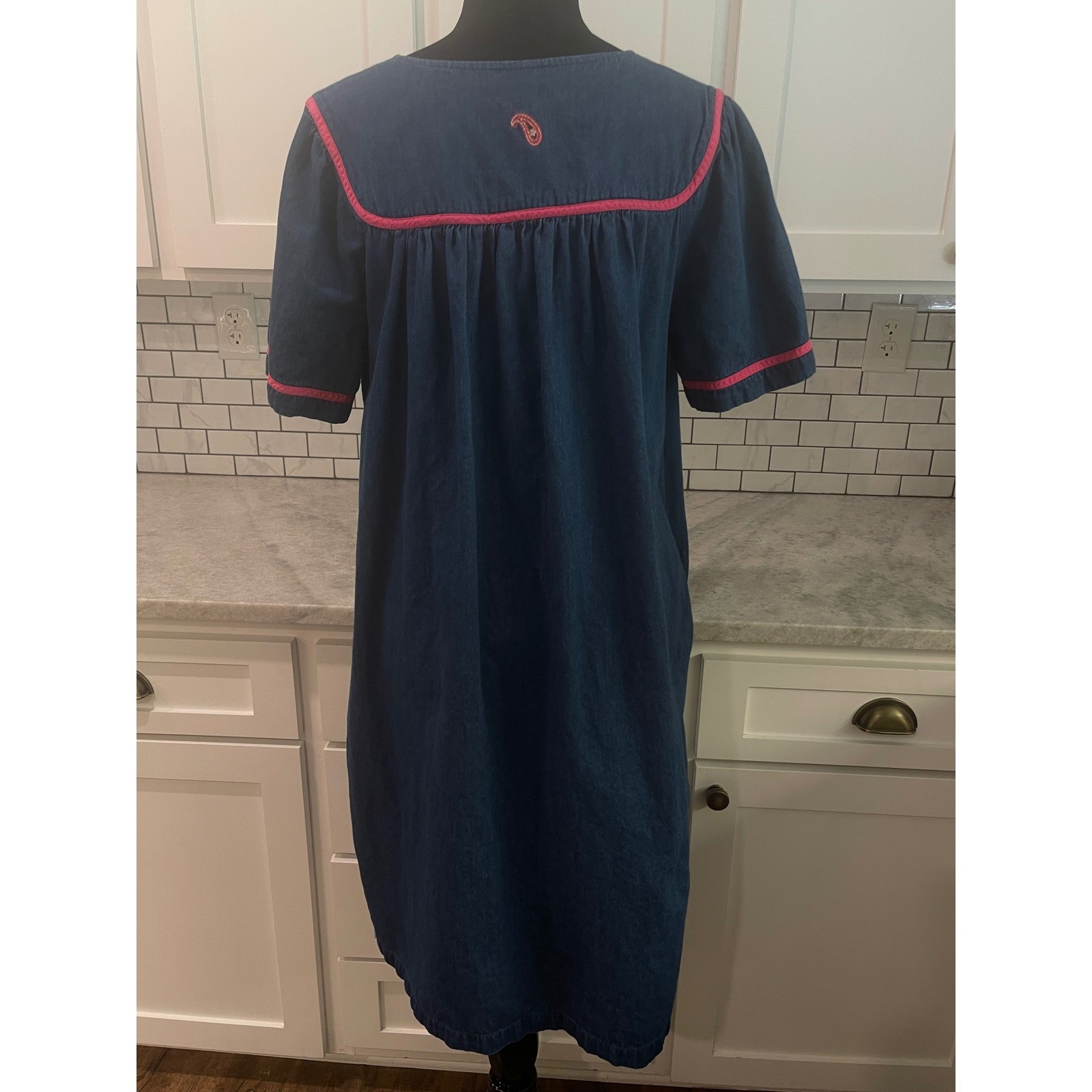 Vintage Go Softly Patio Dress Womens M Blue Denim Embroidered Zip Front