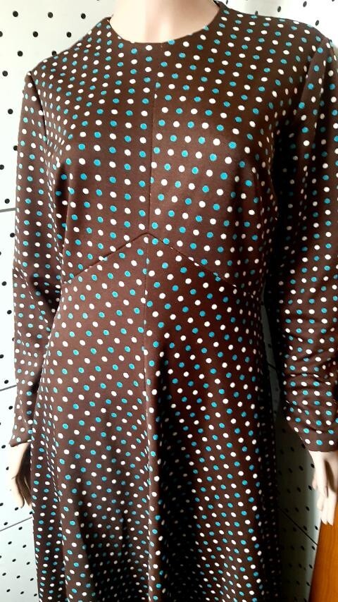 Vintage 70s RAY ANTHONY Women Polka Dot Crimplin Maxi Dress Brown Size M/L