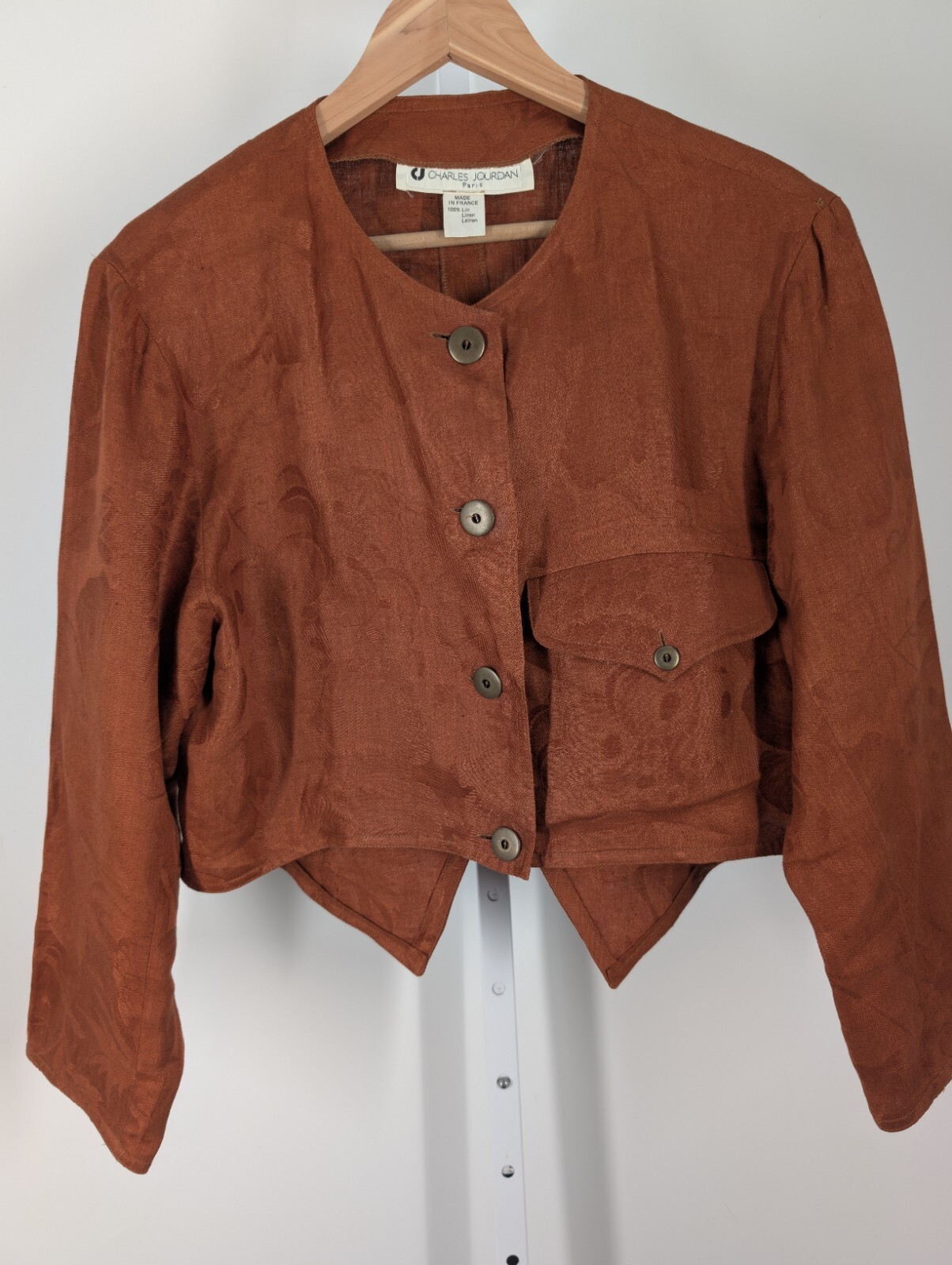 Charles Jourdan Vintage 80s Edwardian Boho Jacquard Linen Fruit Brown Jacket