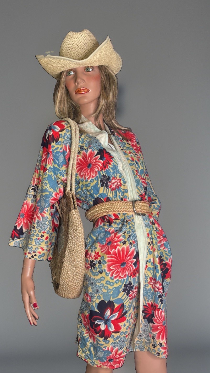 VTG 1960s Floral Cotton Japanese Kimono Jacket Cover-Up Boho Hippie Festival OS