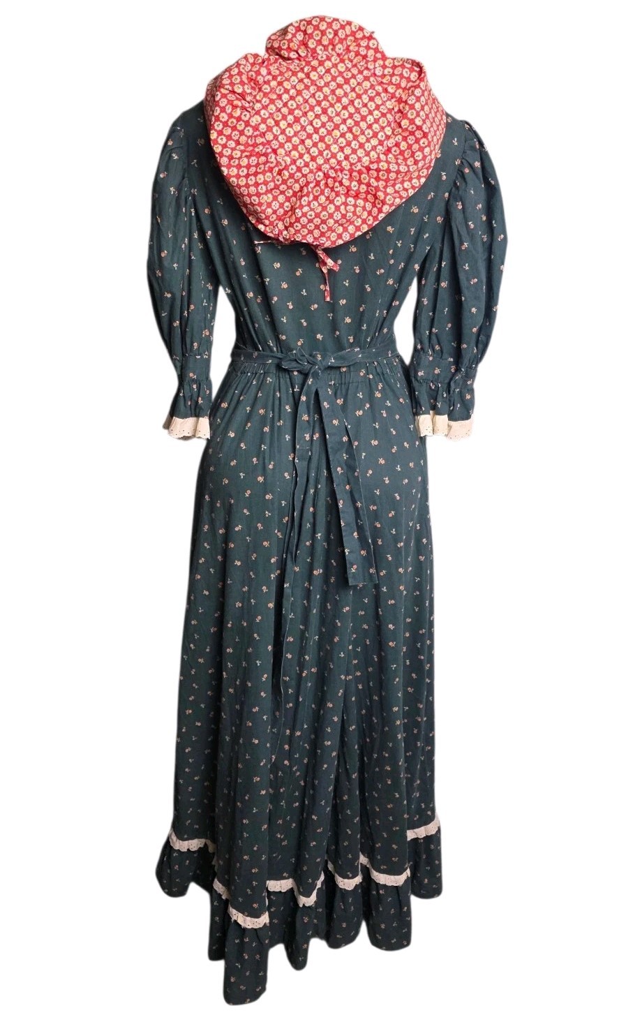 Vtg 1970s Handmade Prairie Style Maxi Dress Green Calico Red Bonnet Women L Boho