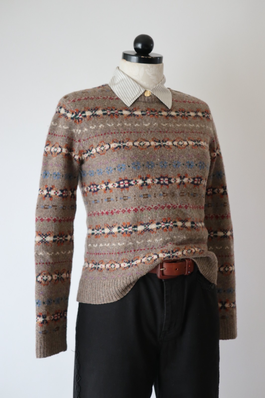 Ralph Lauren Beige Wool Cashmere Fair Isle Crewneck Handknit Sweater Women XS S