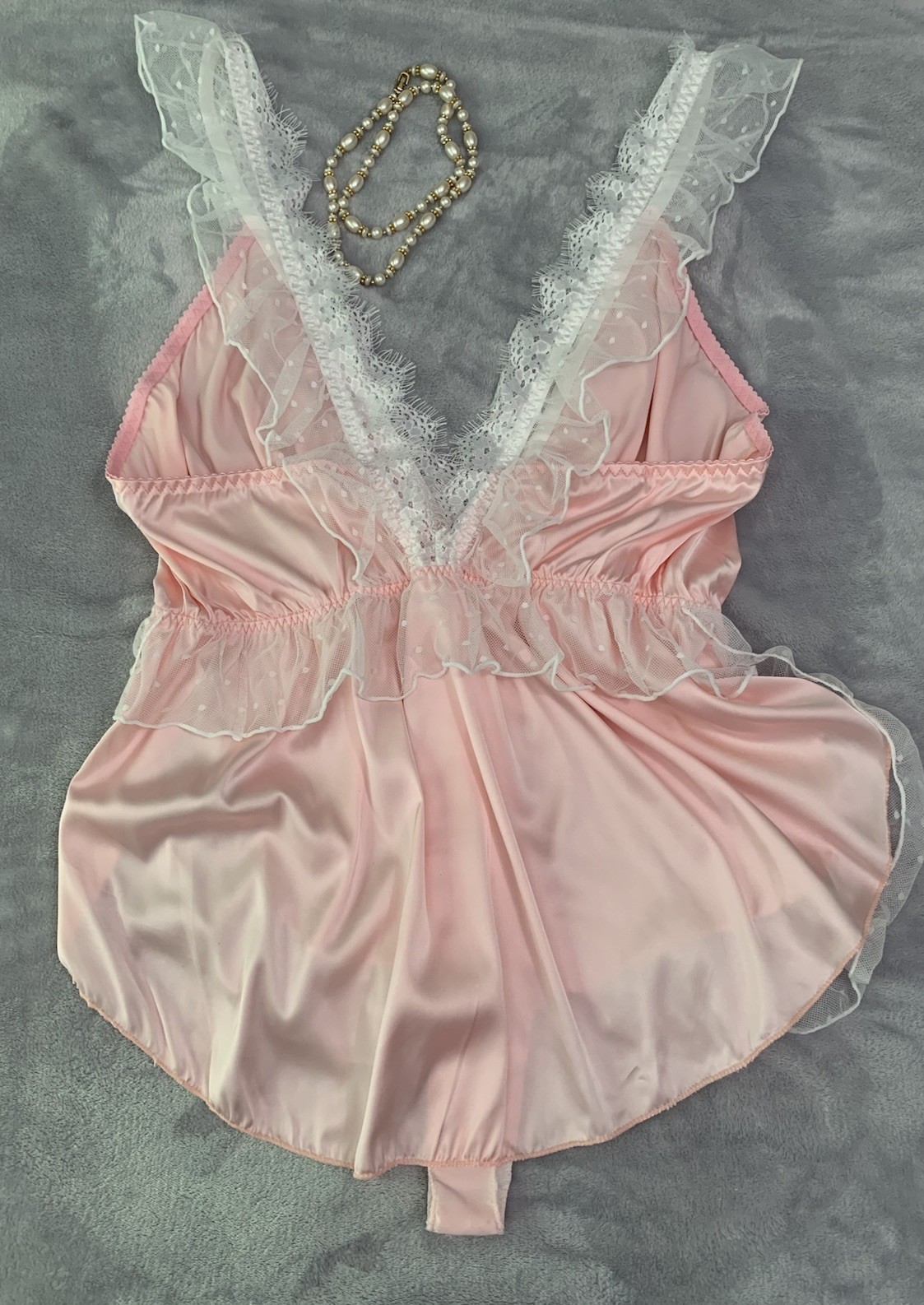 NEW GloSSy Satin Romper Bodysuit Teddy 2X Frilly SOFT Pink Polkadot Fairycore