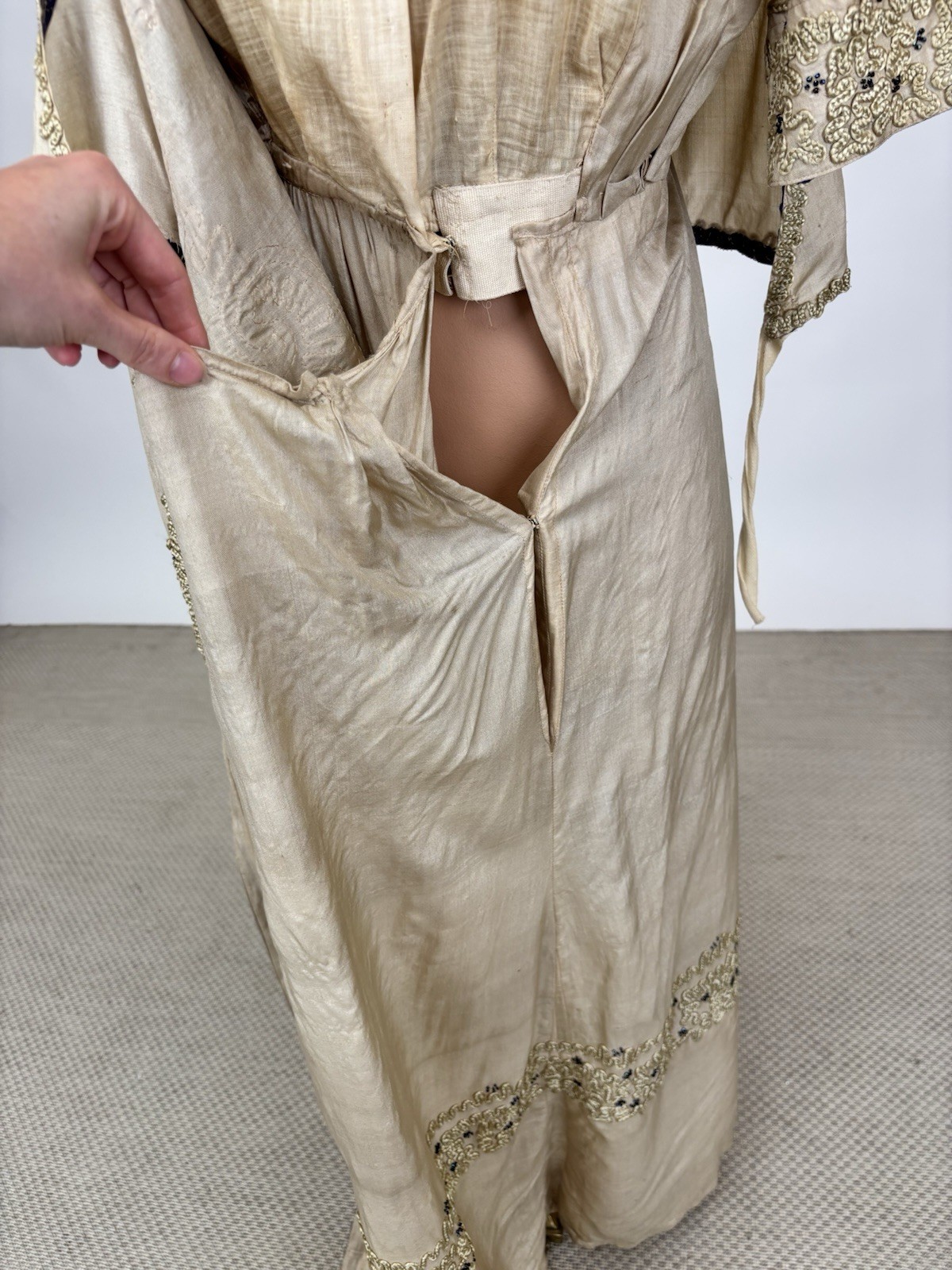 Antique Edwardian 1910s Beige Silk Day Dress Cording Blue Beads Wrap Bodice