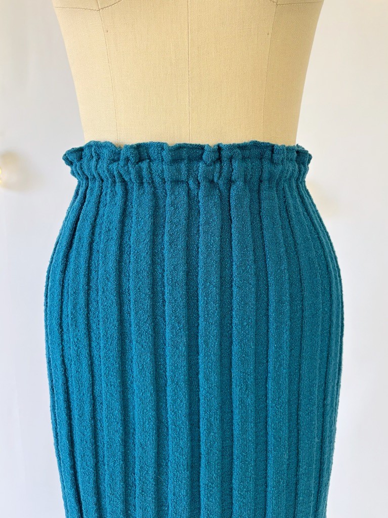 Vtg 40s 50s Knit Set Cardigan Sweater Skirt Teal Blue Chenille Wool Size S/M