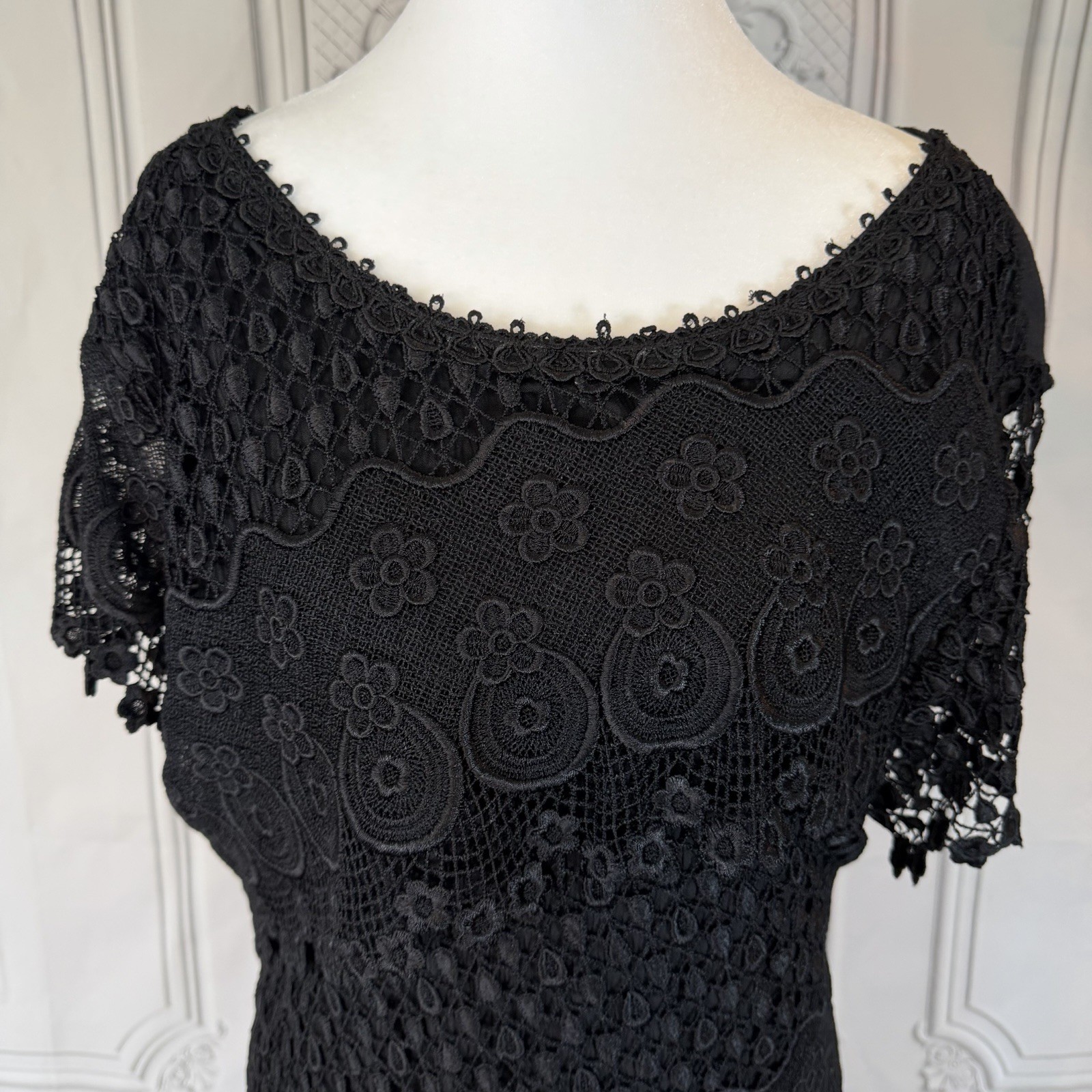 Vintage 90s Magnet Art Lynn Yang Boho Crochet Lace Overlay Dress SZ L Maxi Flowy