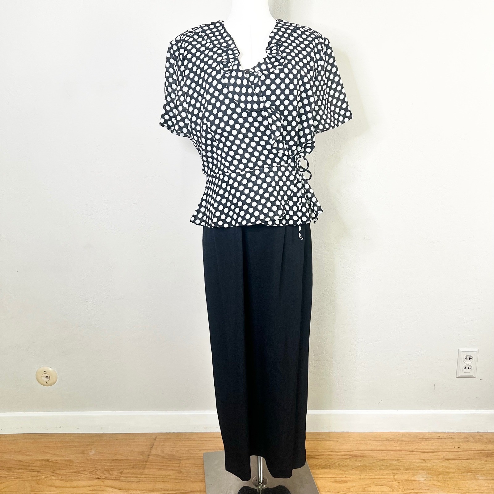 John Roberts Vintage 90s Polka Dot Faux Wrap Maxi Dress Black White Size 12 USA
