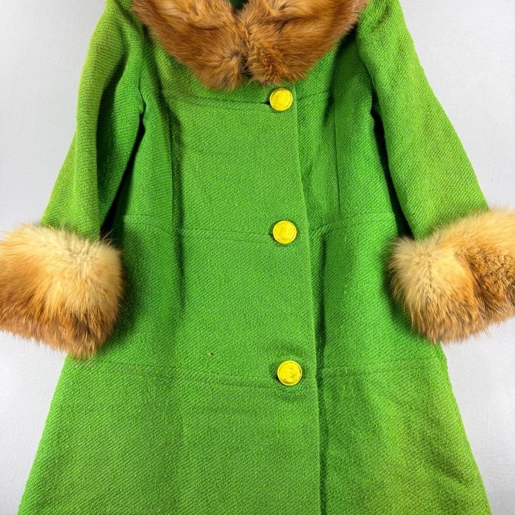 Vintage Green Wool Fur Collar Coat With Yellow Buttons