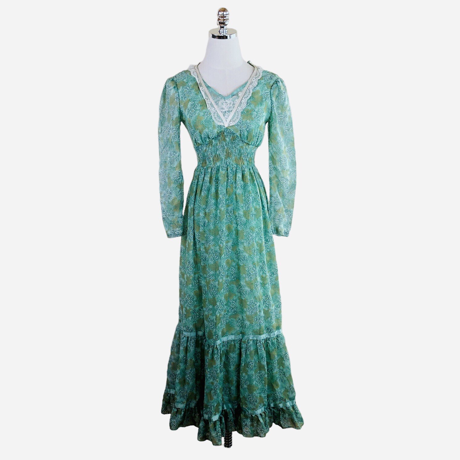 Vintage Maxi Prairie Dress Candi Jones of California ￼Green Floral Boho 70s Sz 3