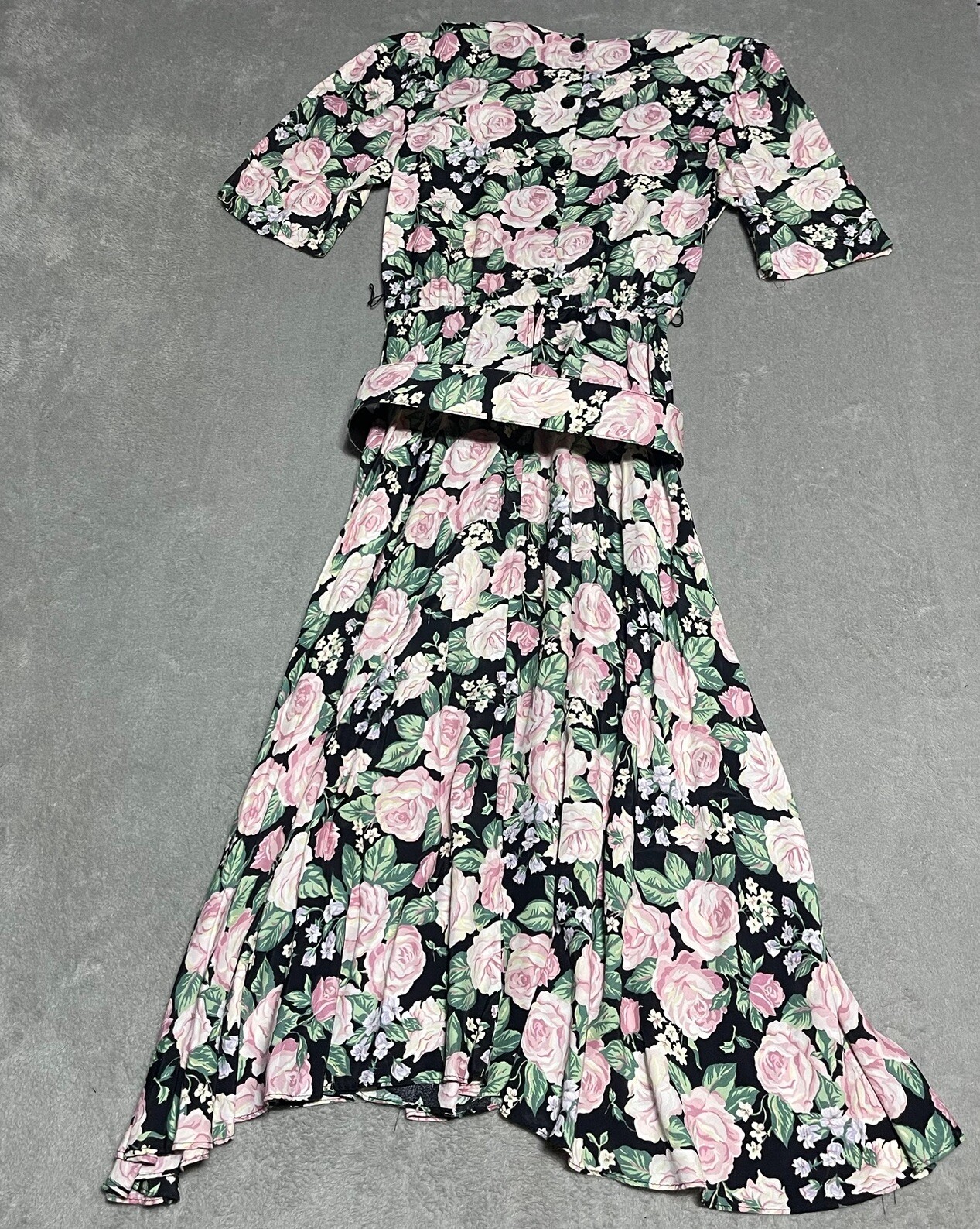Vintage ED Michaels Dress Womens 5 6 Floral Rose Belted Modest Maxi Short Sleeve