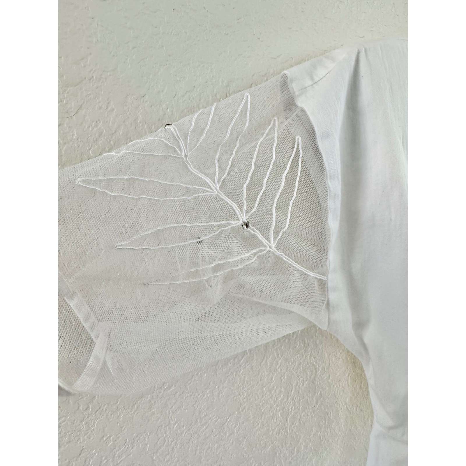 Vintage Linen Midi Dress Womens S White Mesh Embroidered Leaf Button Front