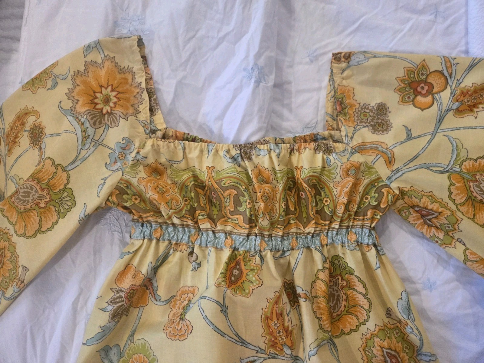 70s Vintage Maxi Dress Angel Sleeves Bloomcraft Du Pont Zepel Fabrics Handmade