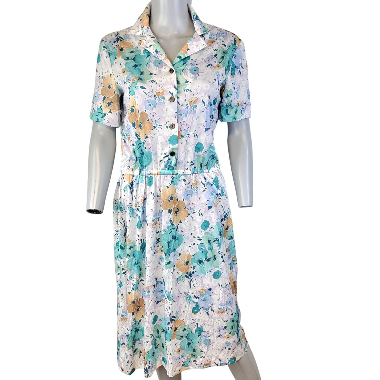 Vintage 70s Nylon Midi Shirt Dress Women Large 12 14 Blue Floral Collar Spring L