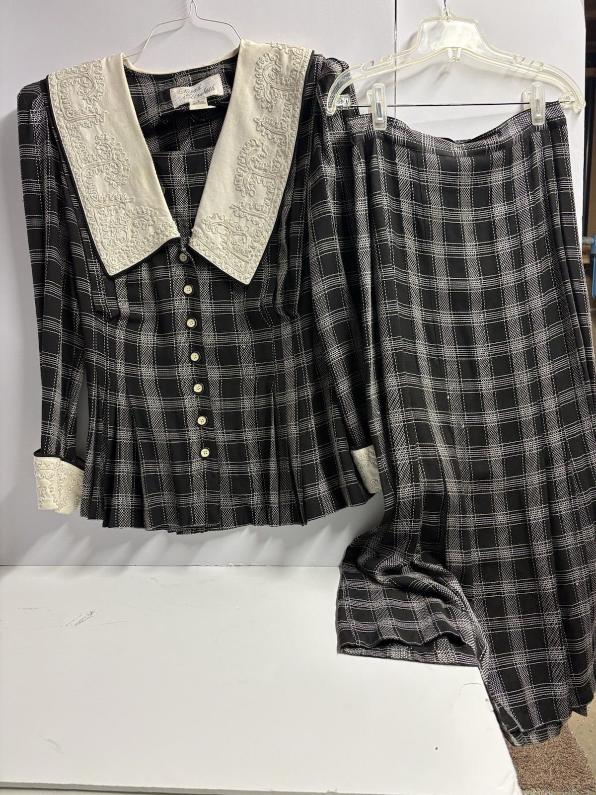 Vtg. Sarah Elizabeth Prairie 2pc Dress Embroidered Collar Sz.12 Rayon Blk& White