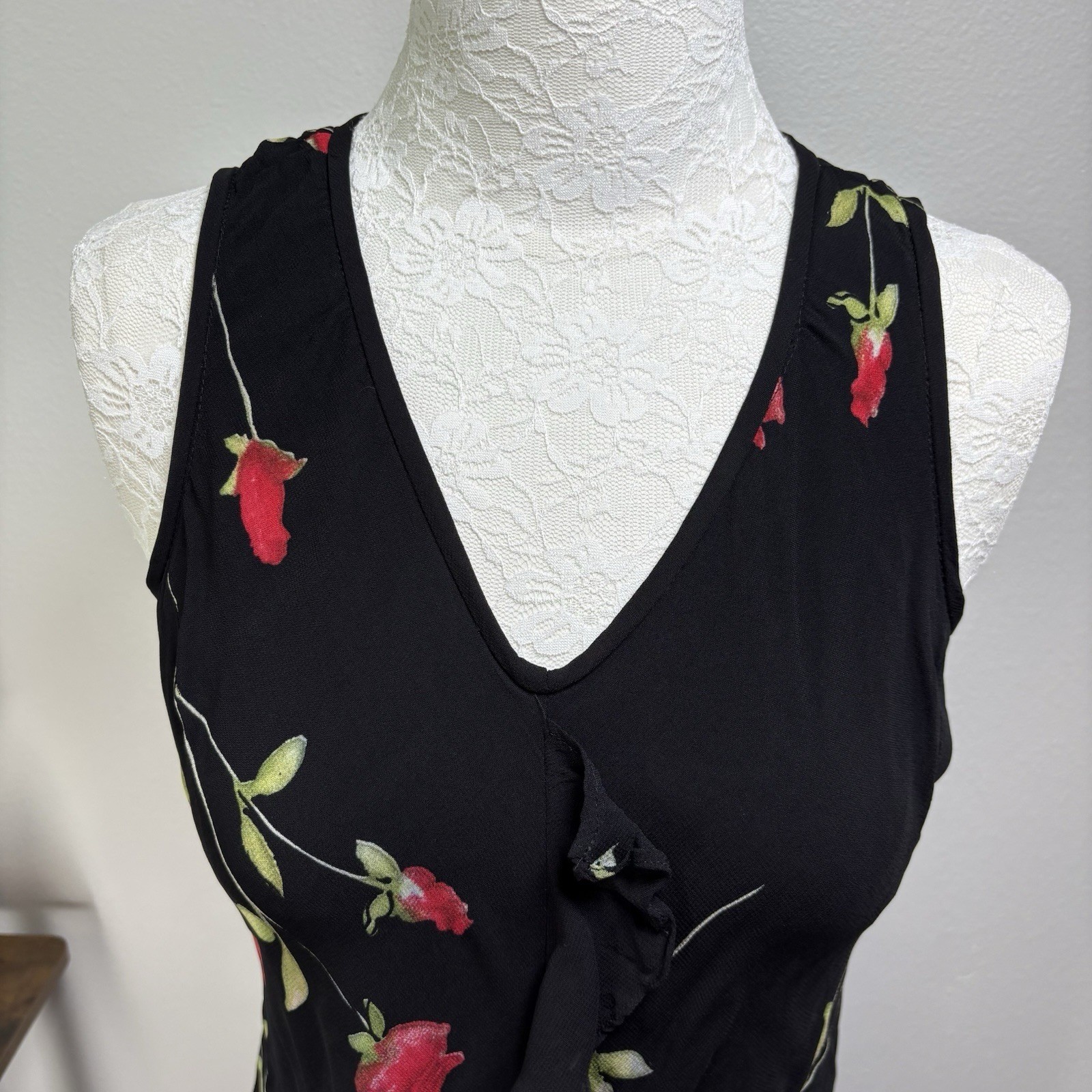 Vintage Evan Picone Women 6 Black Rose Midi Dress 90s Grunge Ruffle REPAIRED