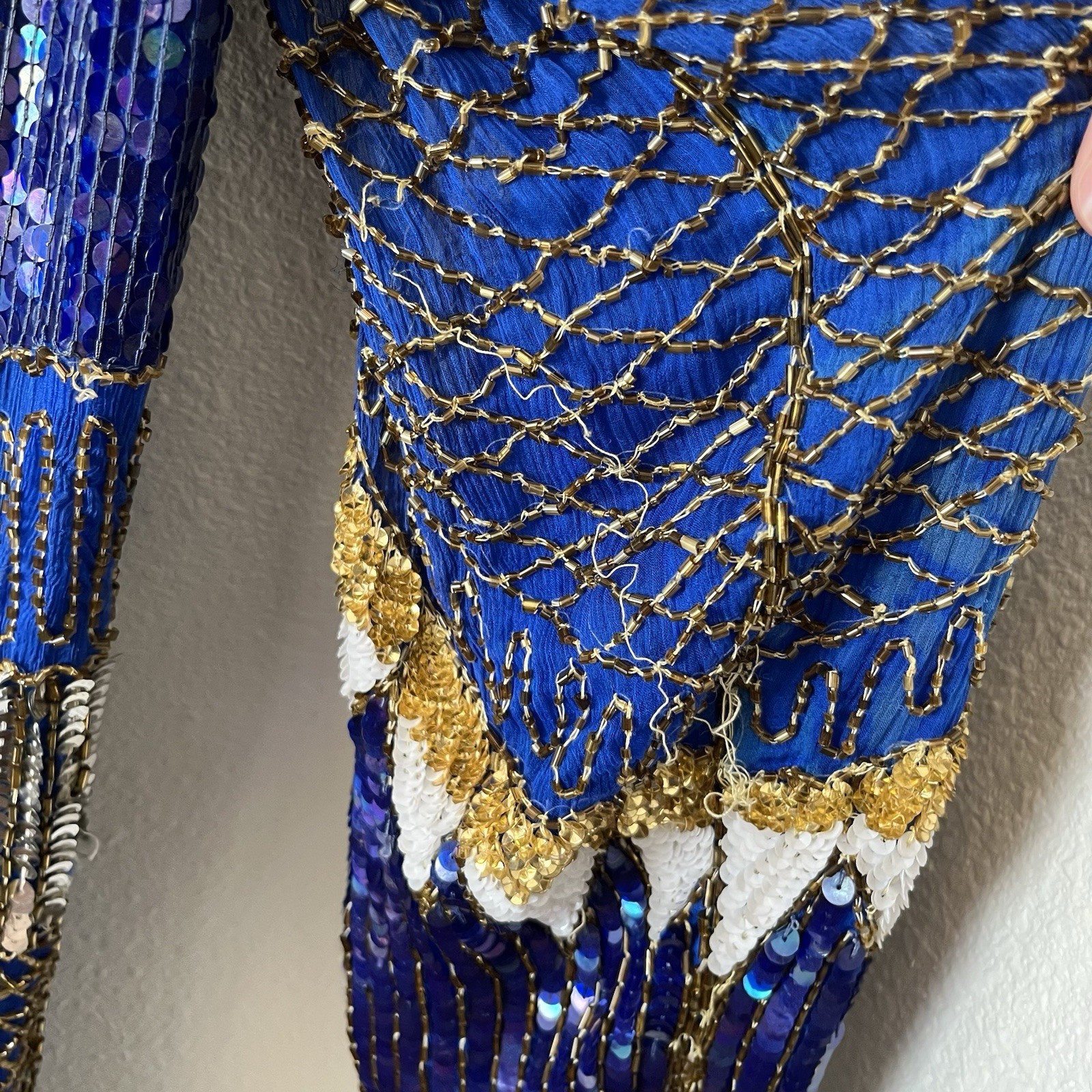 Vintage 80’s Chanson D’Amour Womens Flapper Dress 100% Silk Sequin Beaded Blue