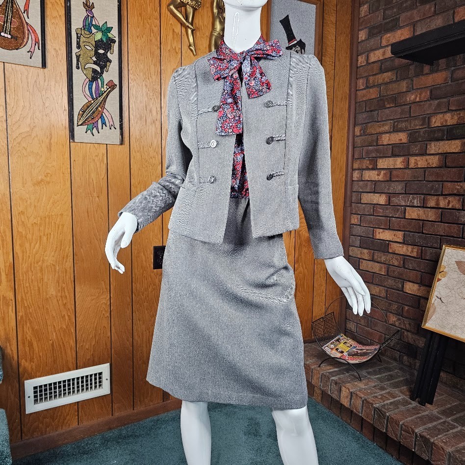 Vtg 80s Pussy Bow Power Suit Paisley Floral Dress w/ Blazer Secretary Dress M