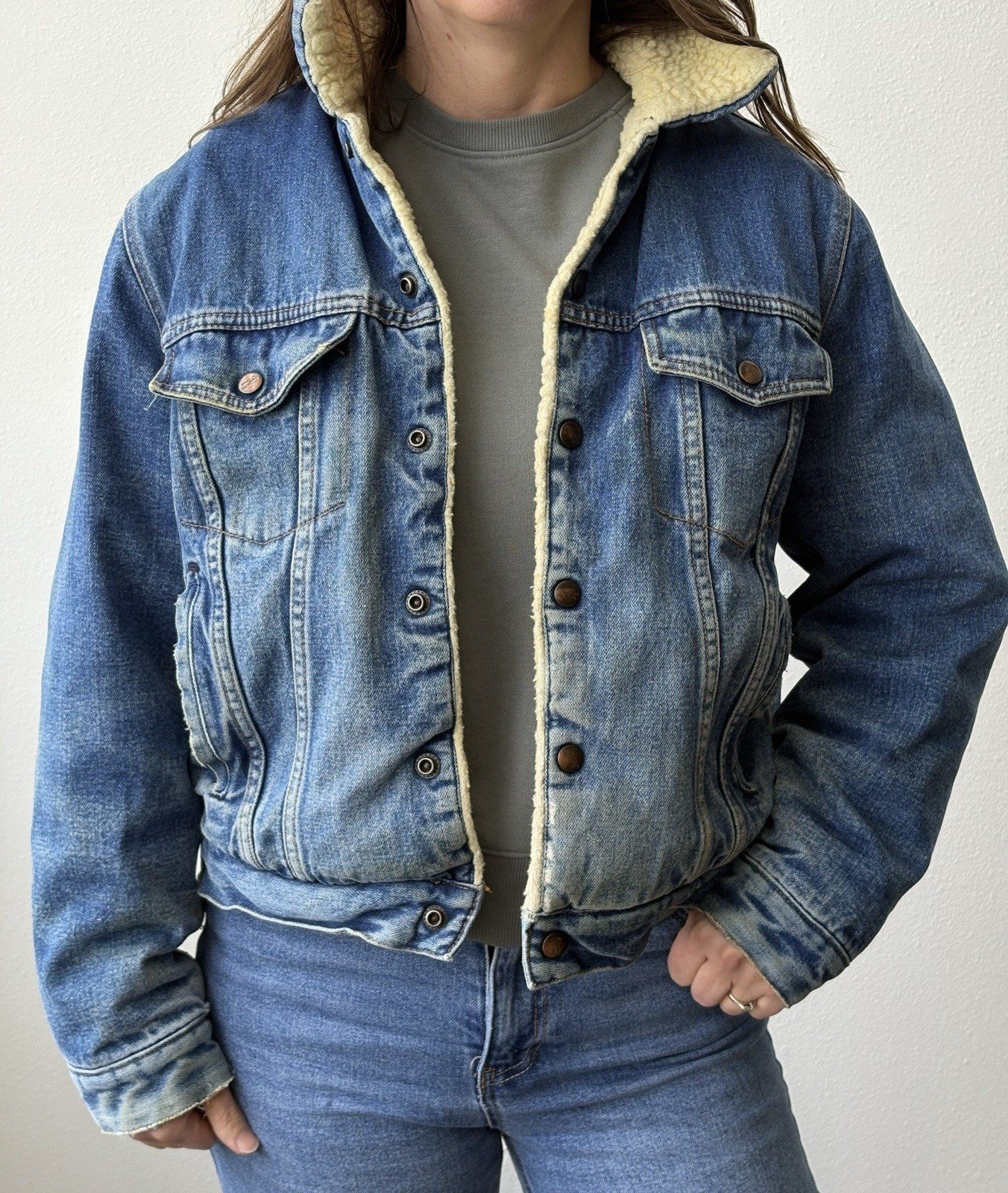 Vtg Silver Spur Western Wear Denim Sherpa Cowboy Jacket Women’s M Trucker Patina