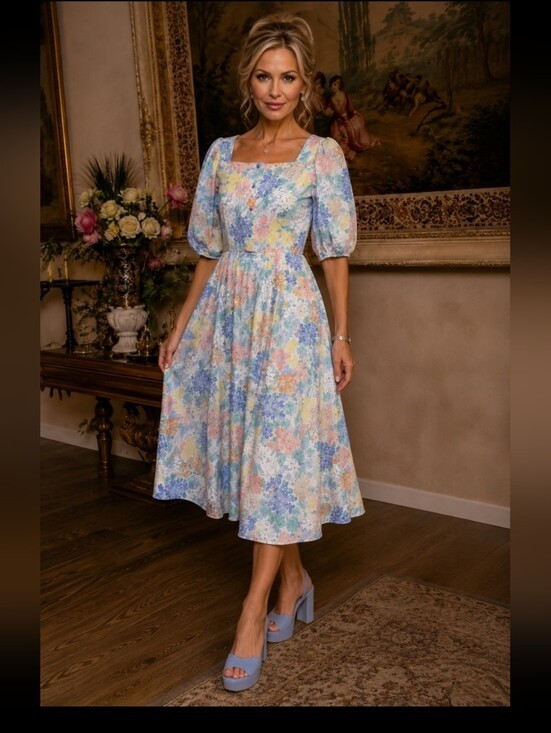 Vintage 80s Willi Petite Floral Prairie Midi Dress Puff Sleeve Cottagecore Sz.4