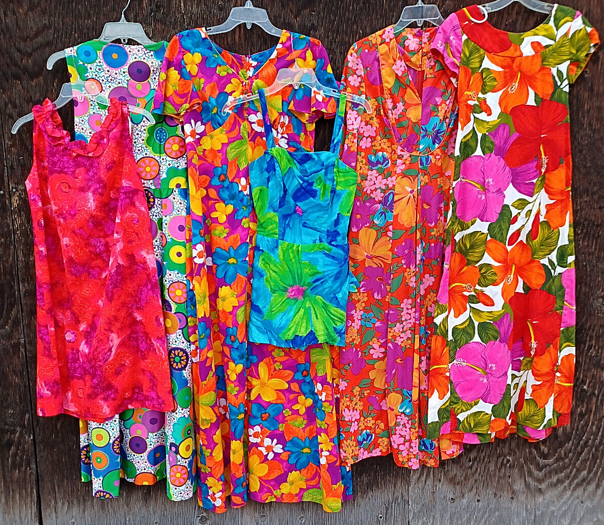 Vintage 60-70’s Size S/M Bright Floral Cotton Barkcloth Muu Dresses and More