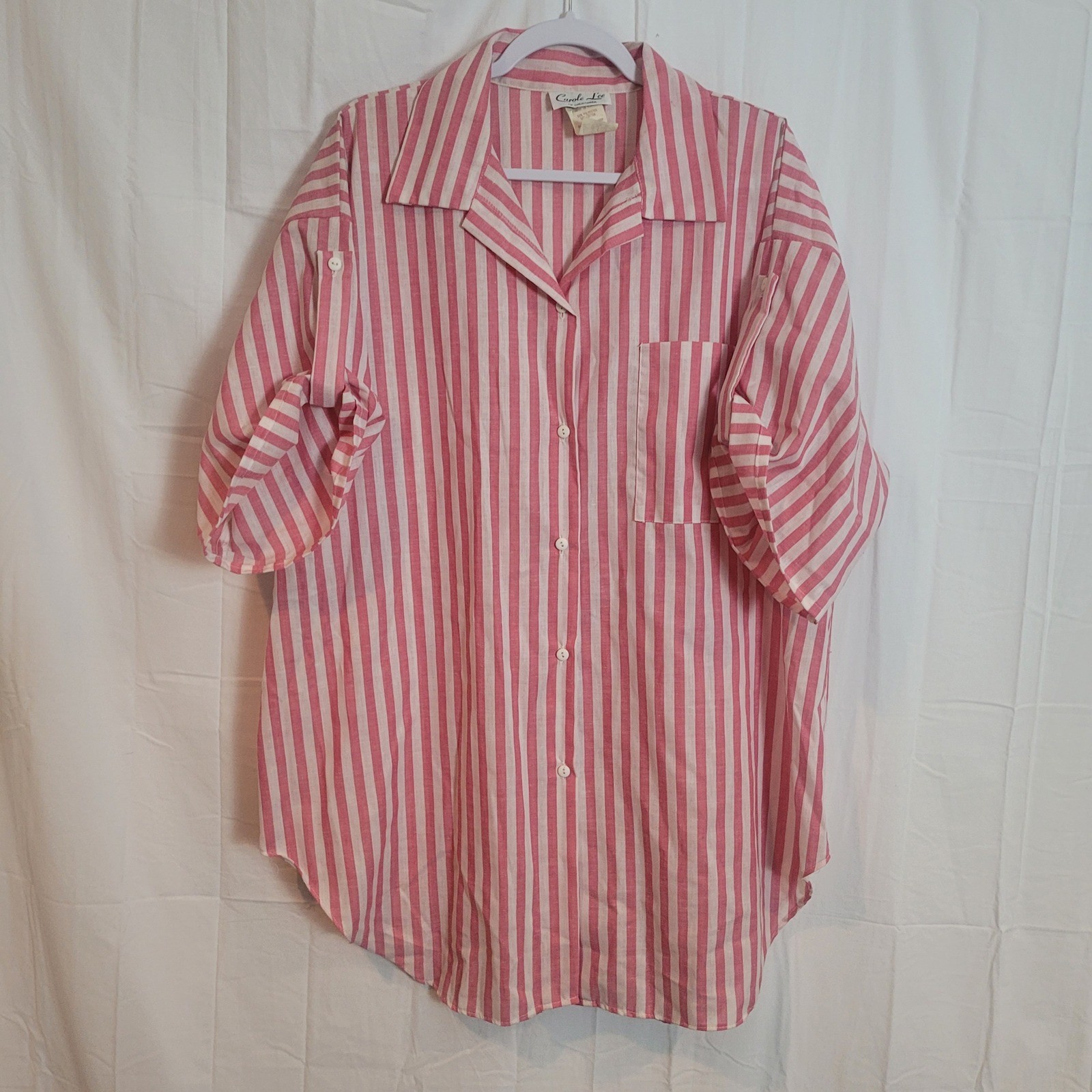 Vintage Carole Lee Pink White Striped Roll Tab Button Down Shirt Size 44 USA