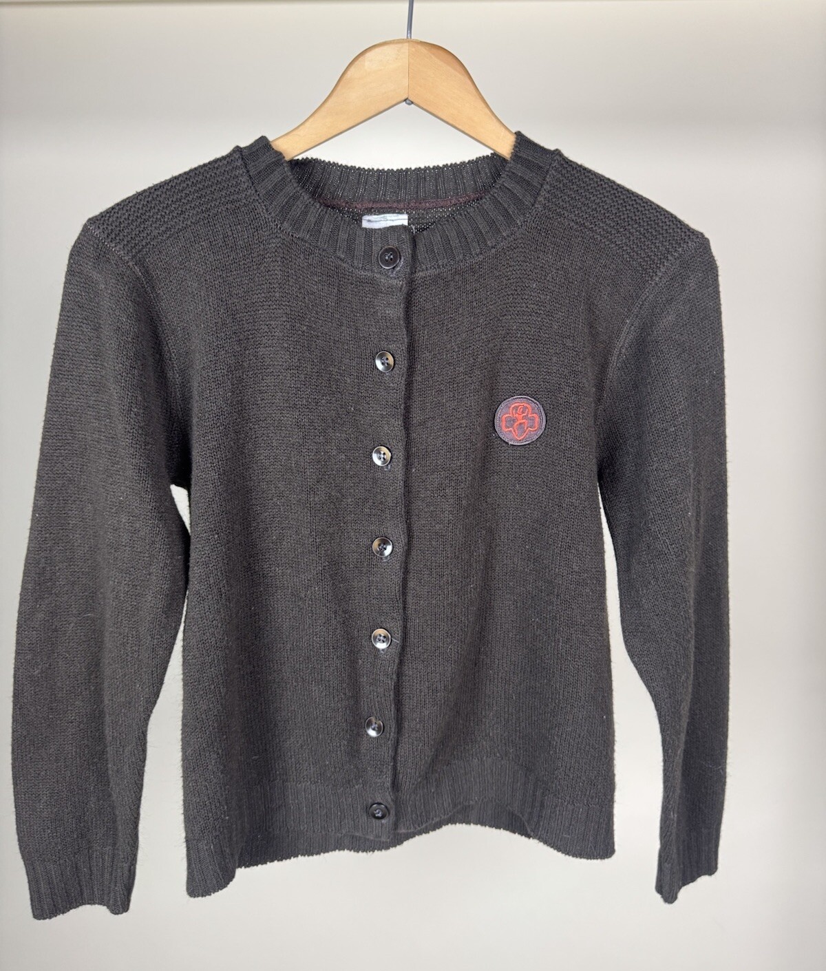 Vintage 80s Girl Scouts Brown Button Cardigan With Emblem Patch Girls Large