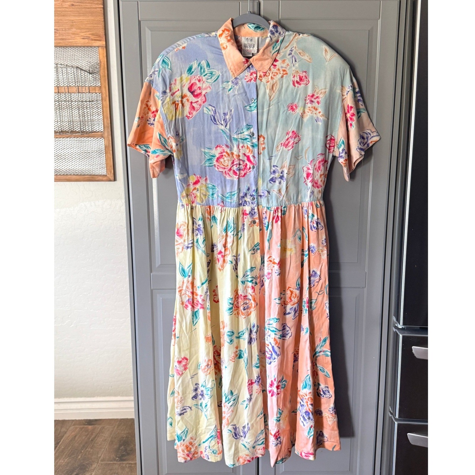 Together! Vintage Pastel Floral Colorblock Button Down Midi Shirt Dress, M