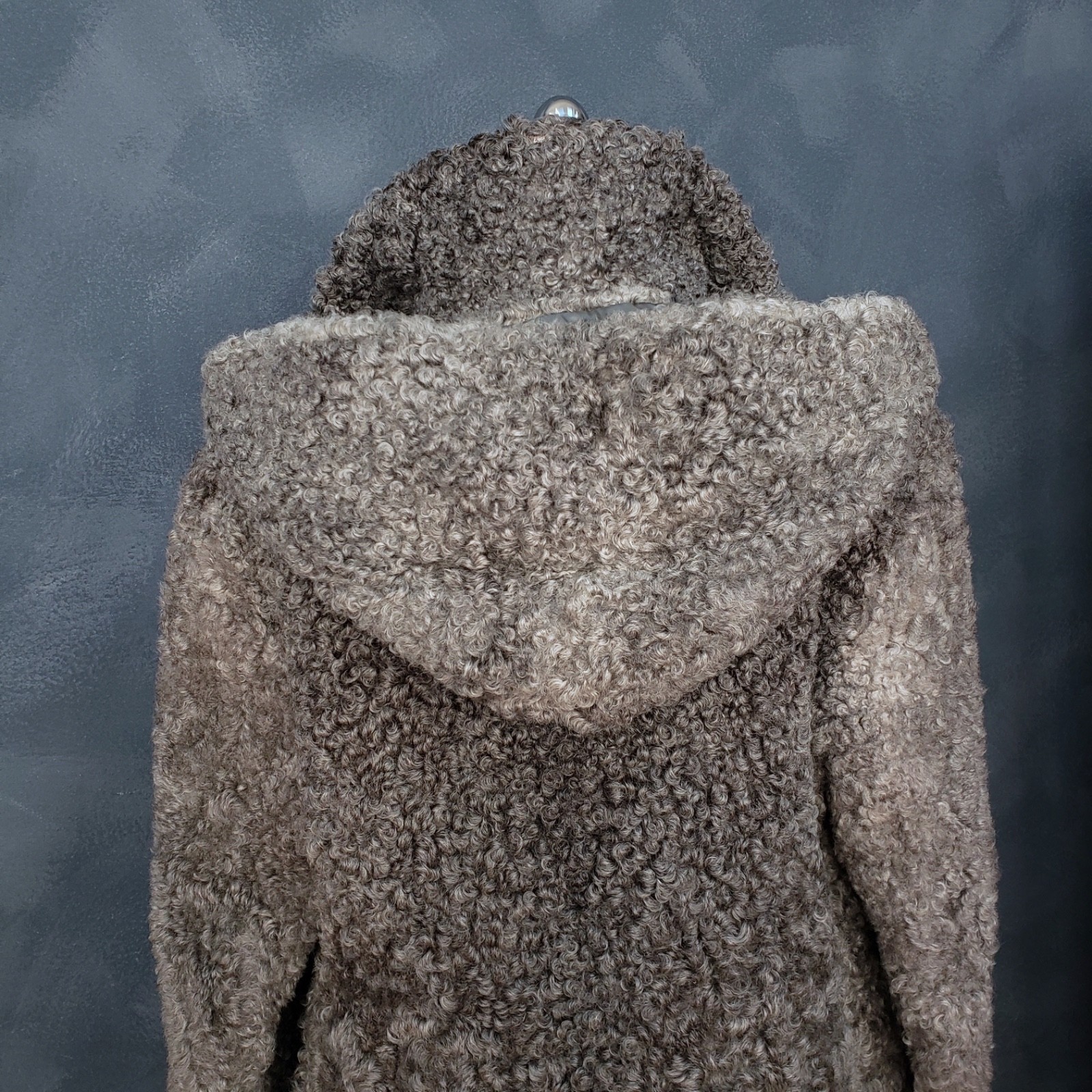 Vintage 50s Gray Greige Curly Viking Lamb Hooded Coat L EUC RARE