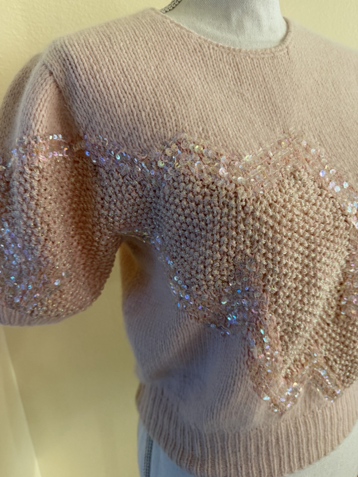 Vintage Ann Katrine S Pink Sequined Short Sleeve Sweater Lambswool, Angora, Wool